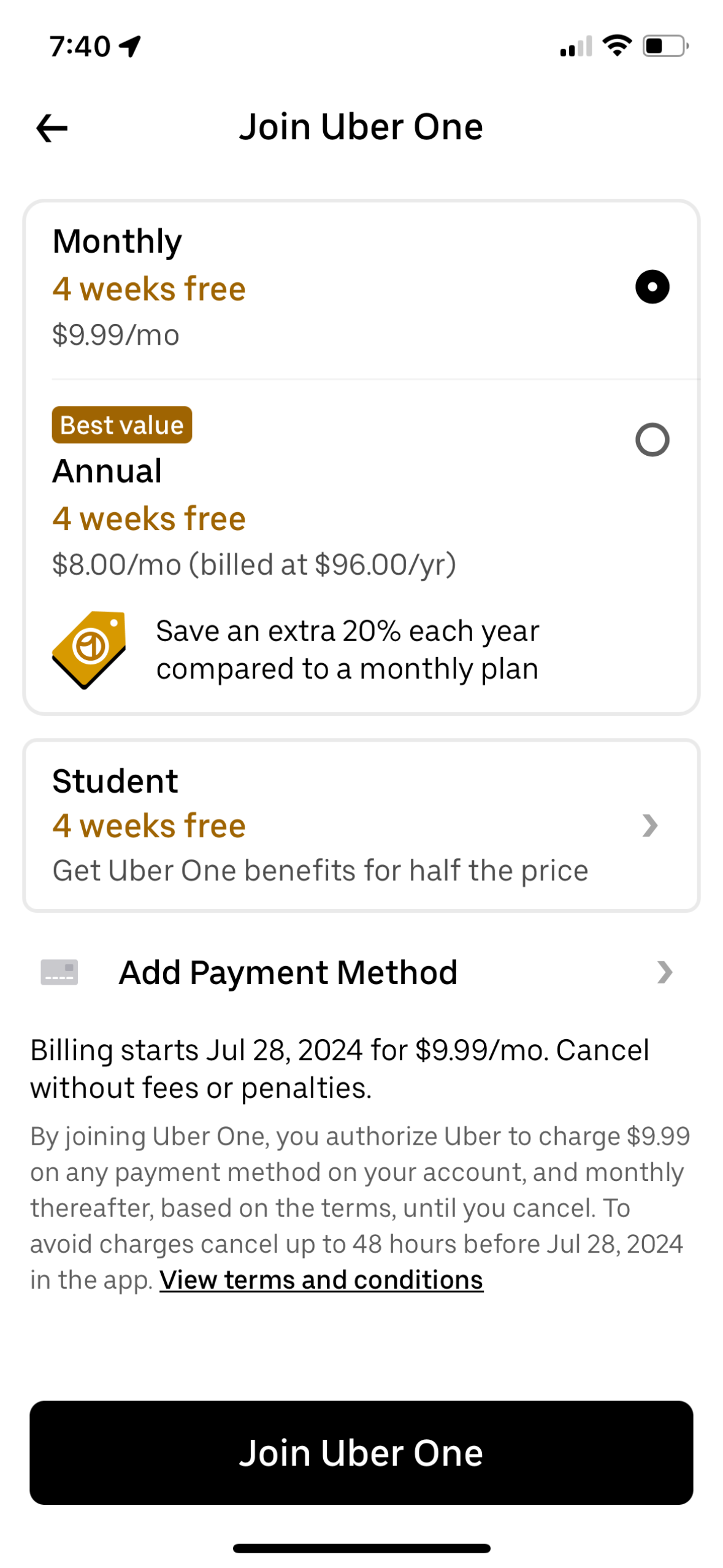 uber checkout screenshot