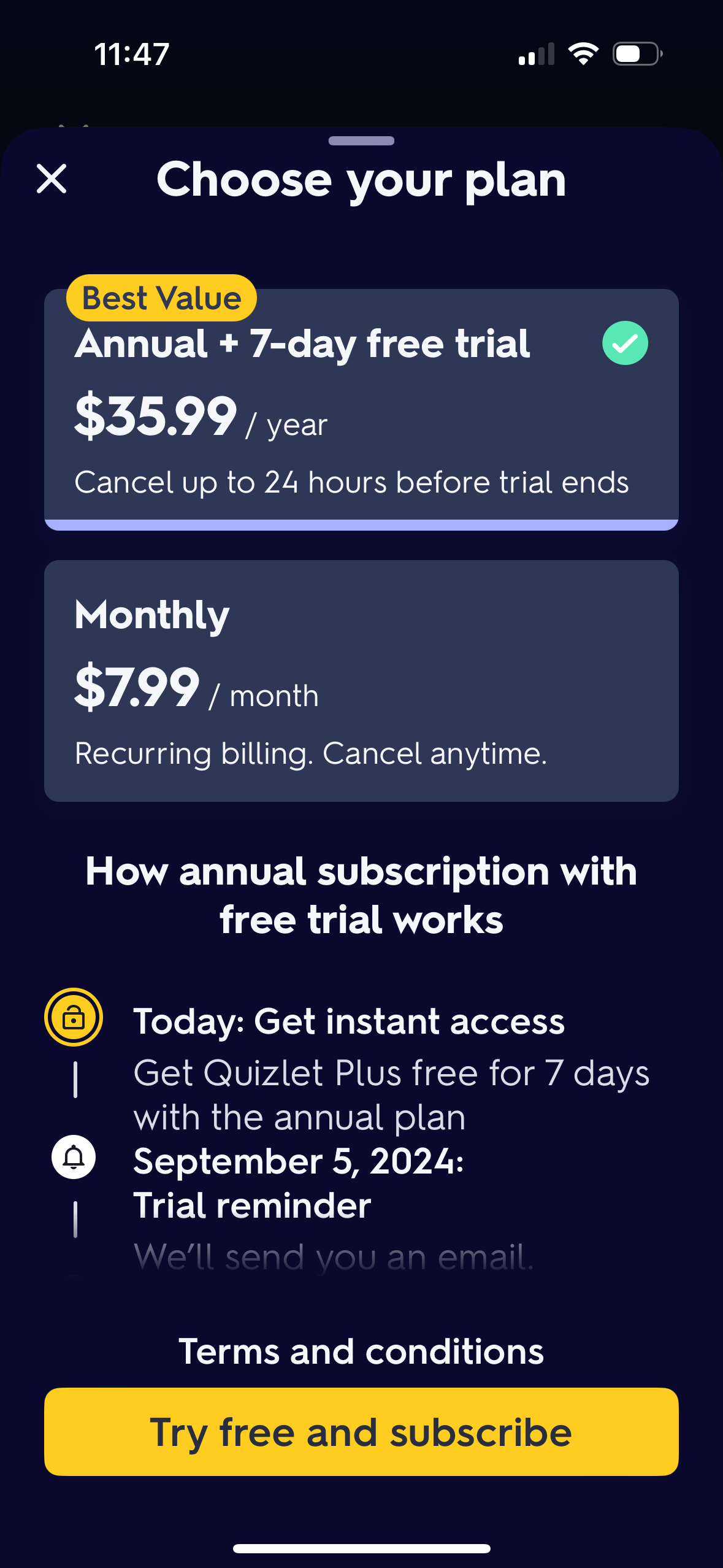 quizlet checkout screenshot
