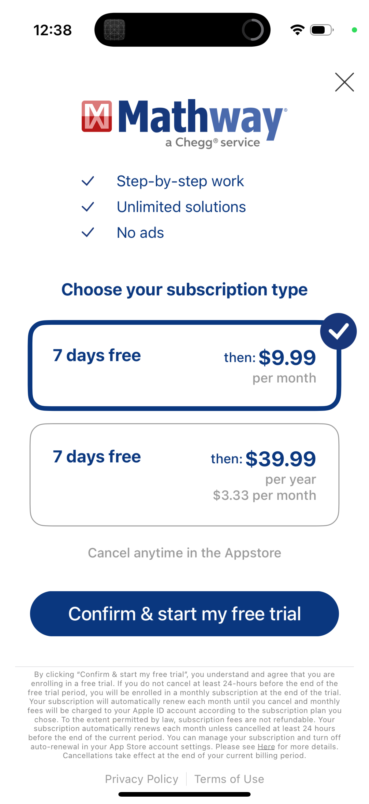 mathway checkout screenshot