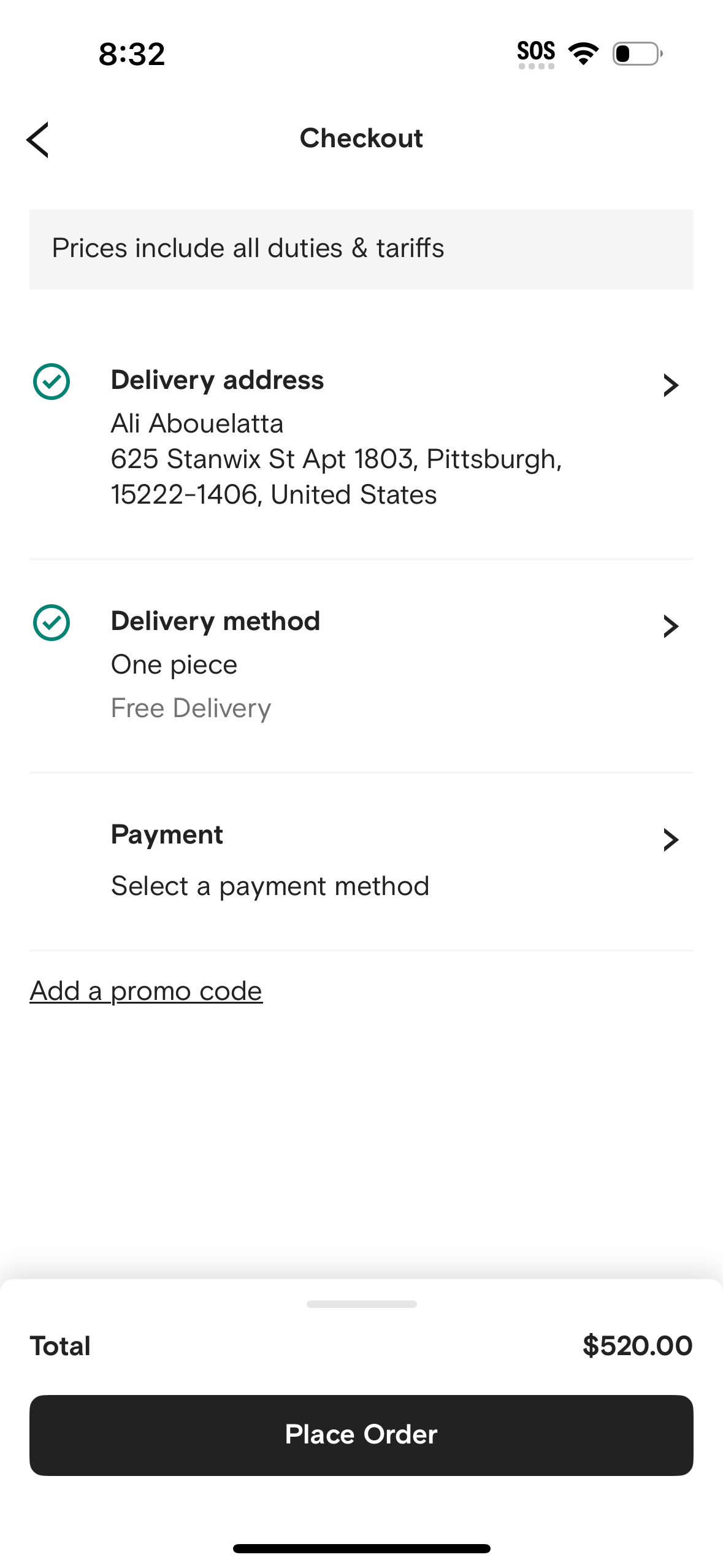 farfetch checkout screenshot