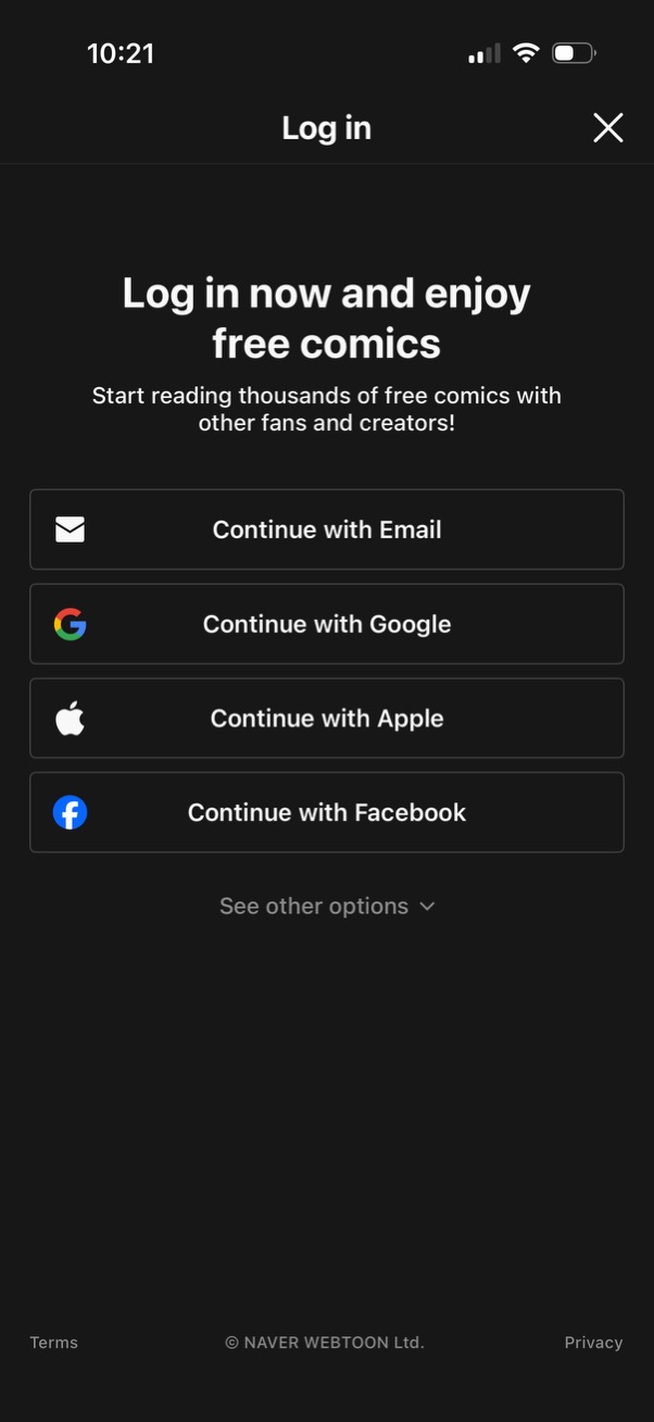 webtoon login screenshot