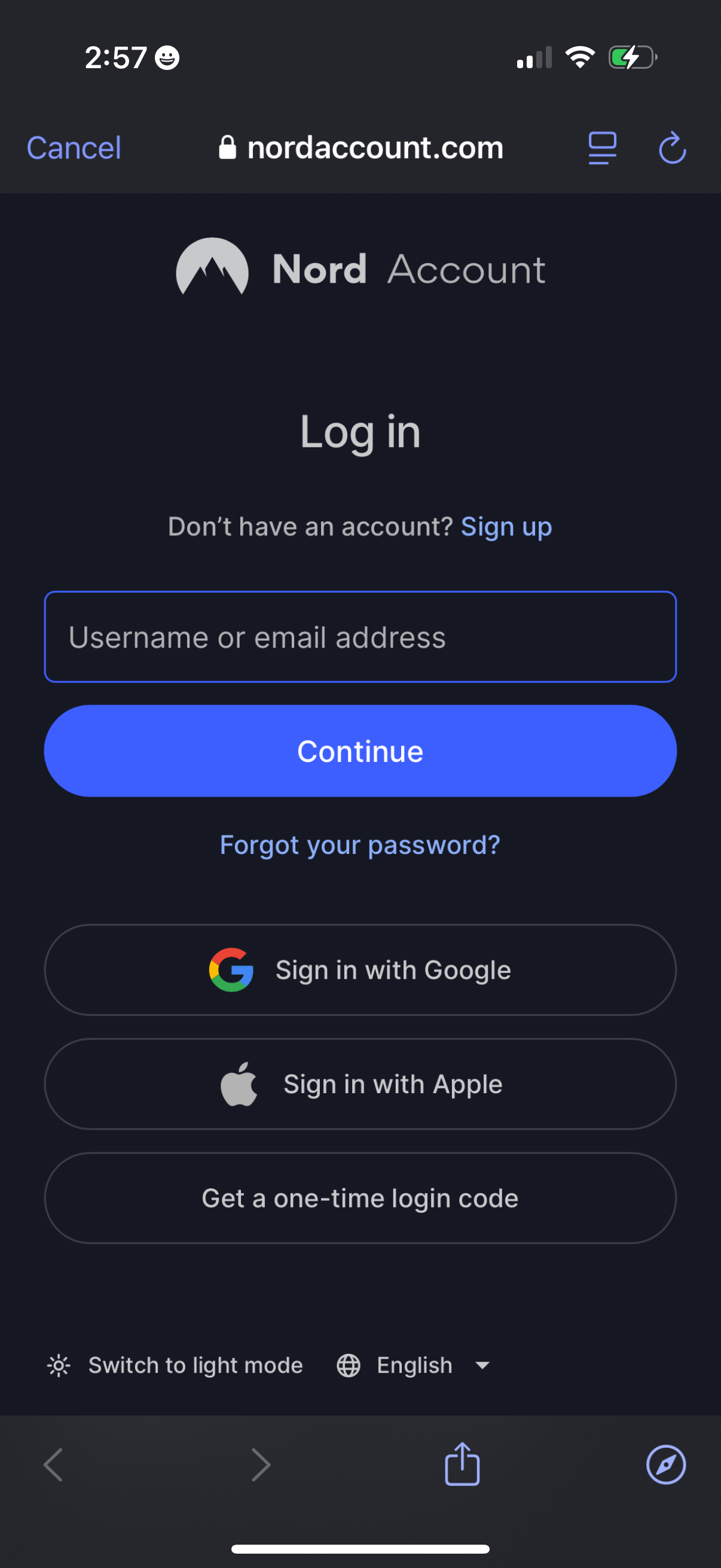 nordvpn login screenshot