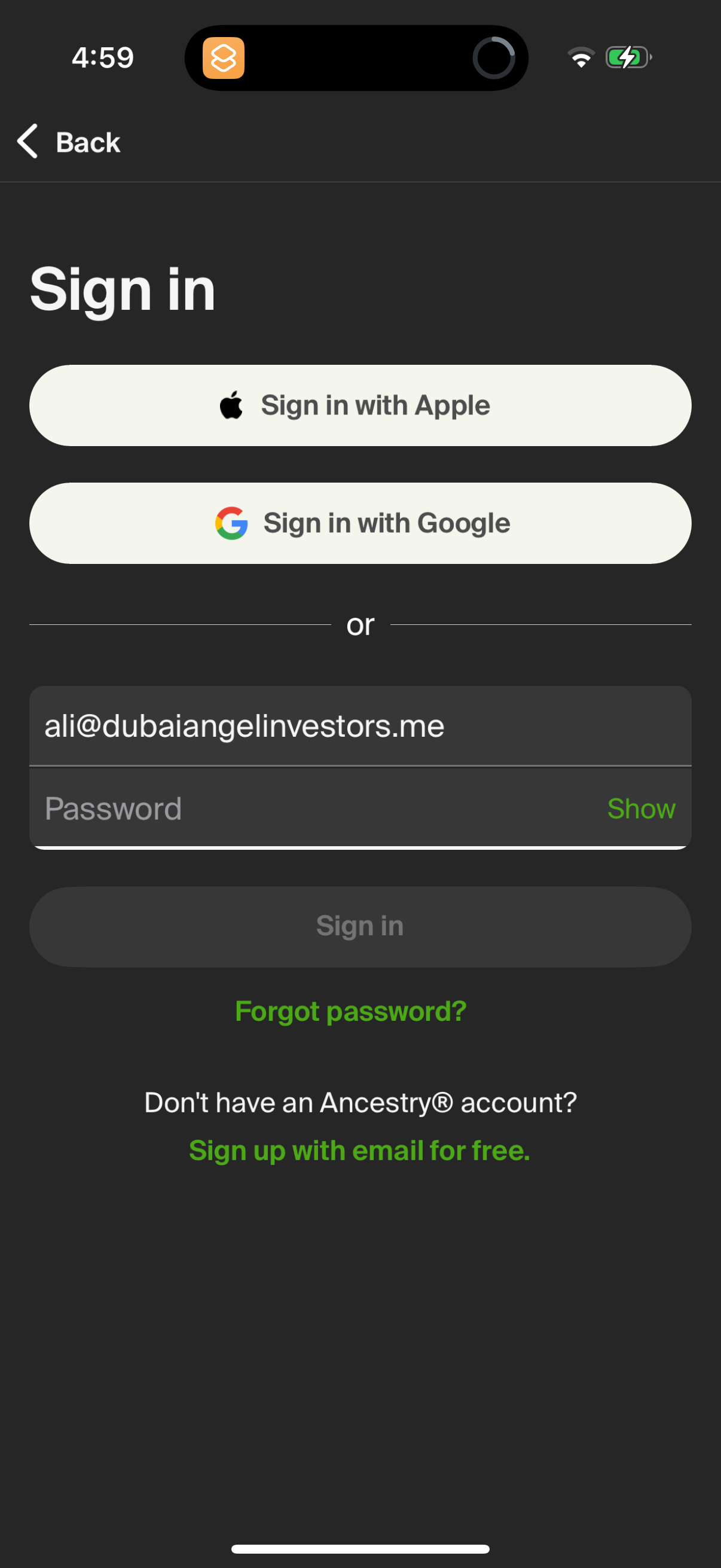 ancestry login screenshot