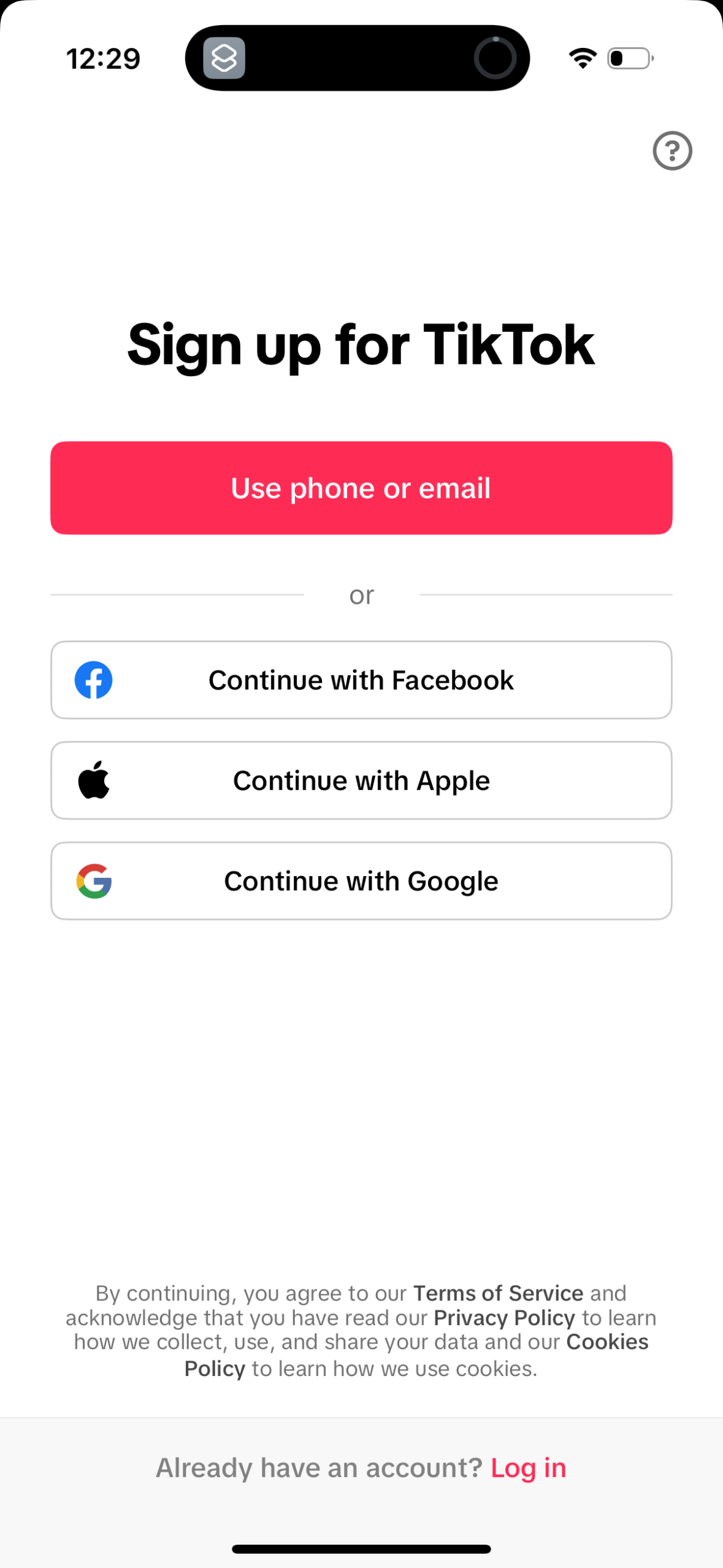 tiktok login screenshot
