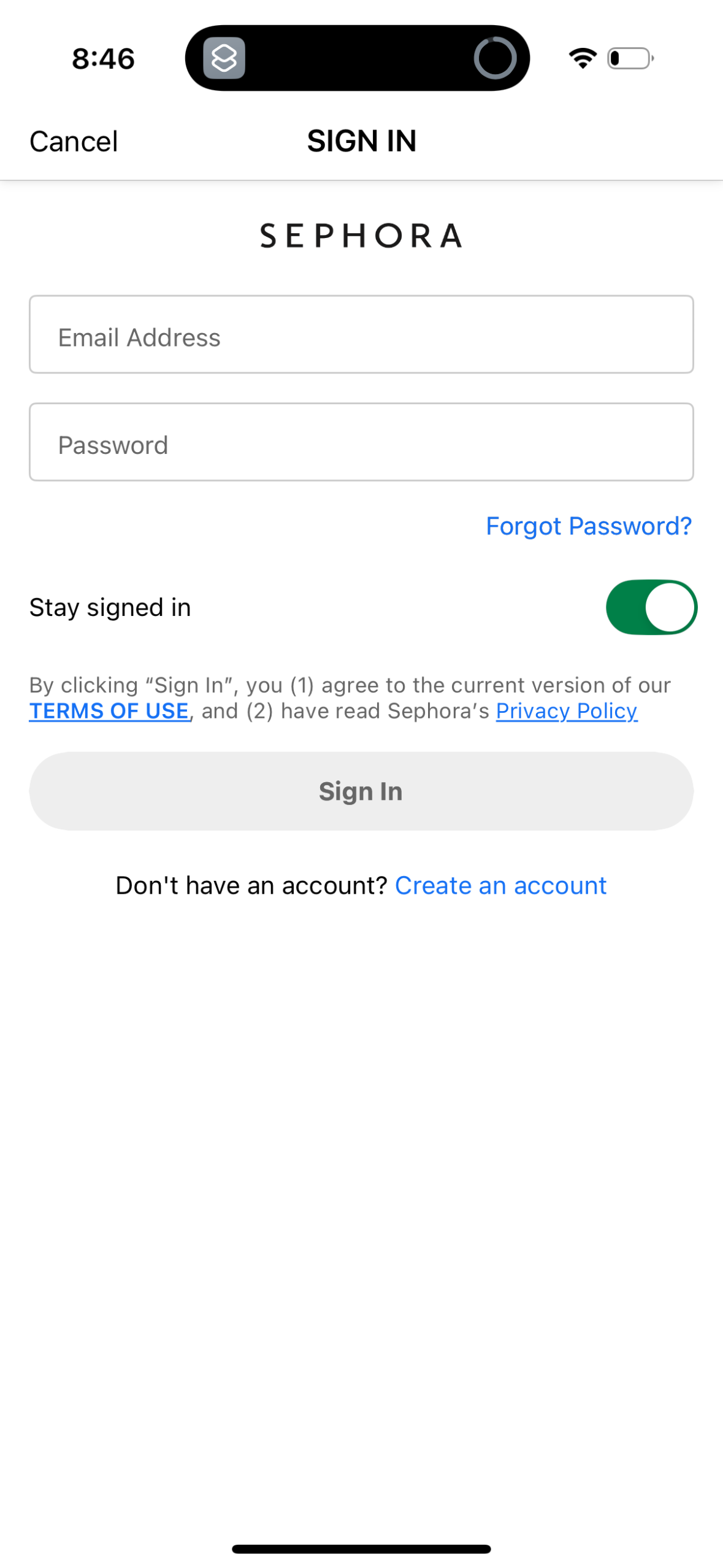 sephora login screenshot