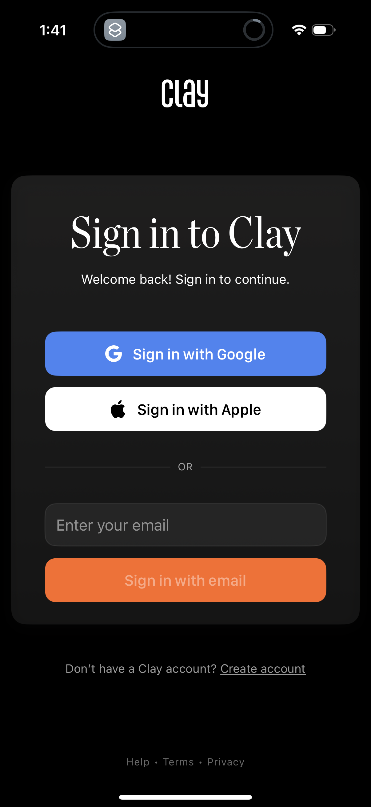 clay login screenshot