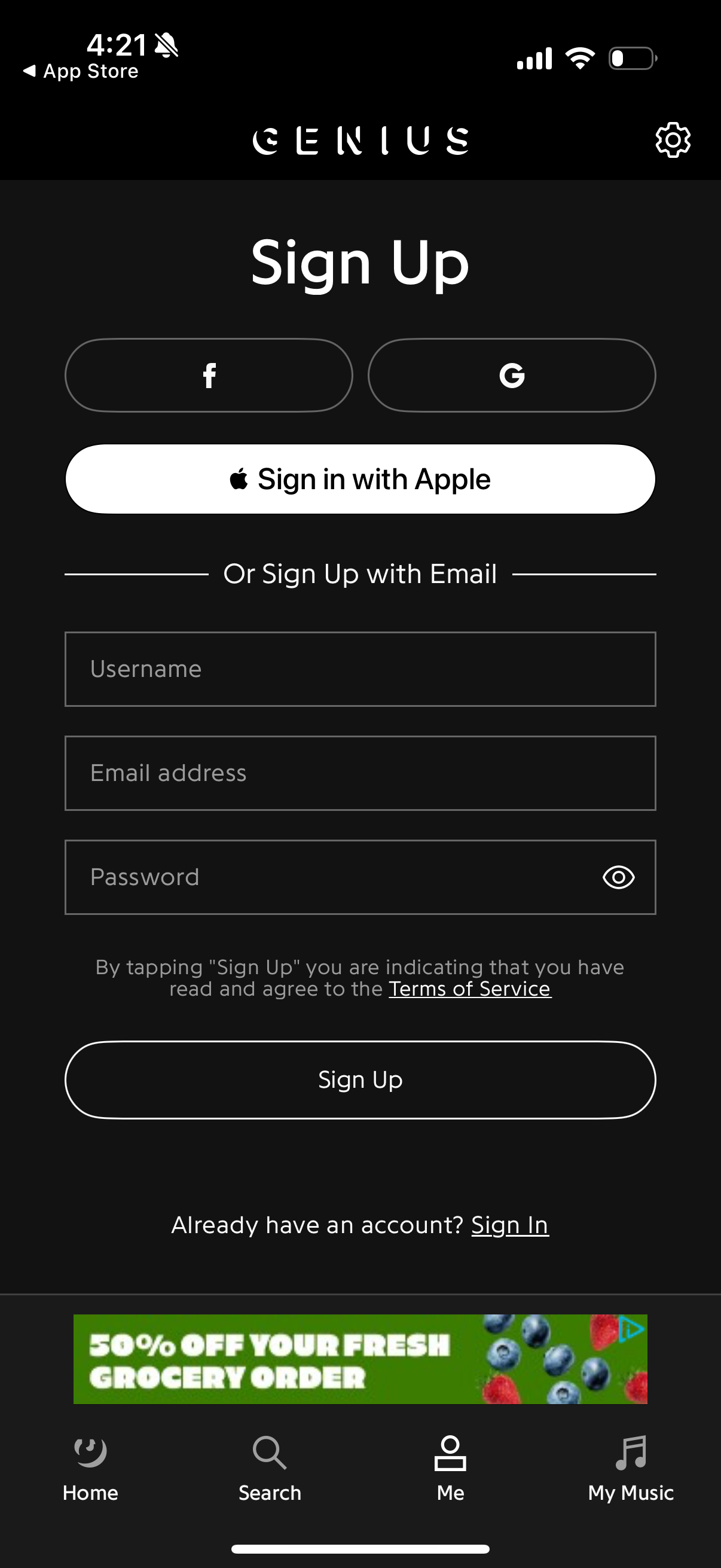 genius login screenshot