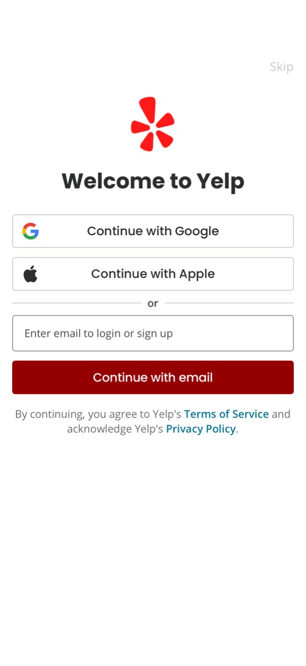 yelp login screenshot