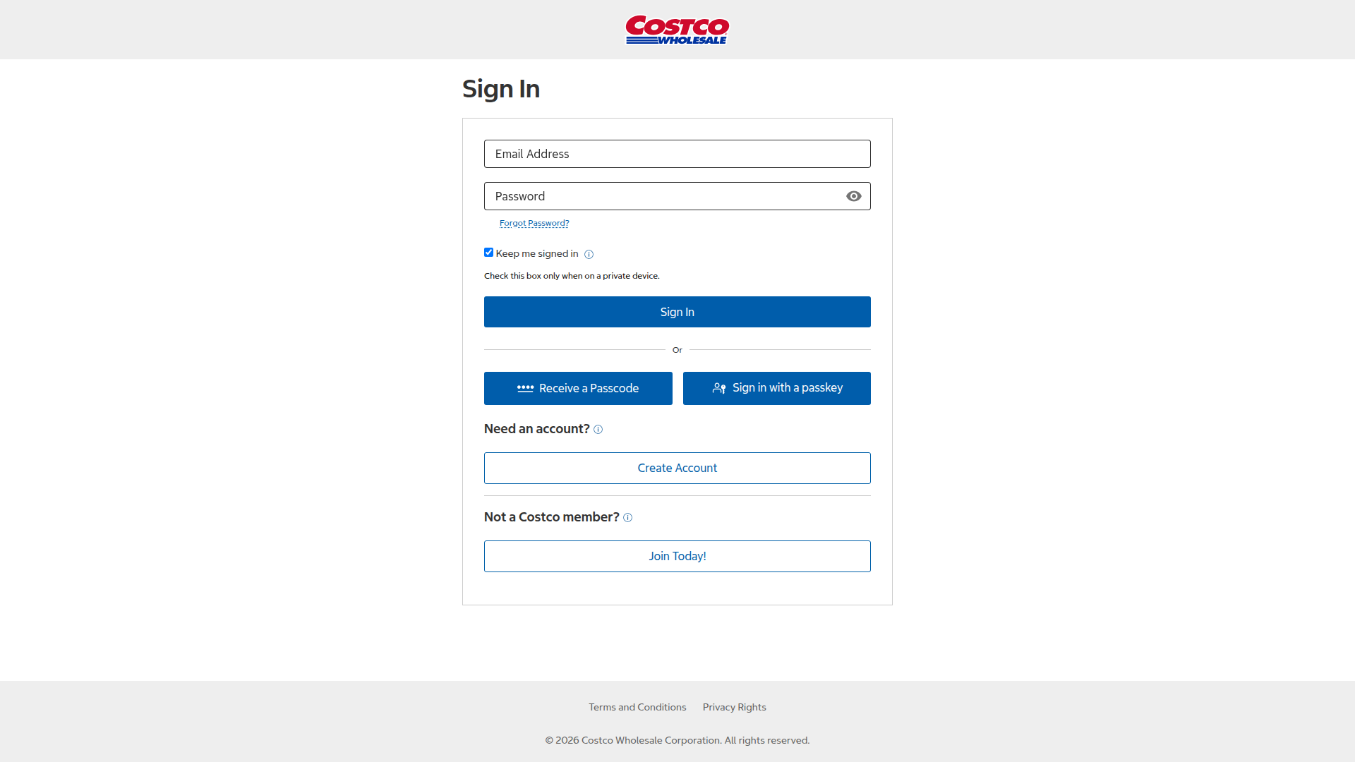 costco login screenshot