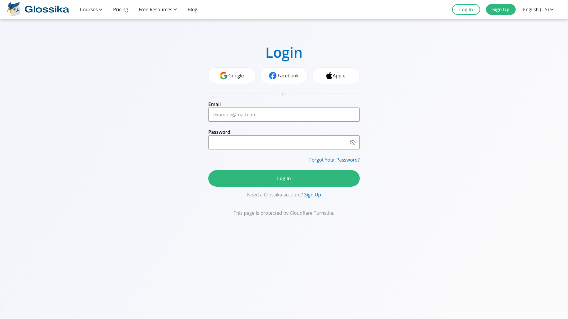 glossika login screenshot
