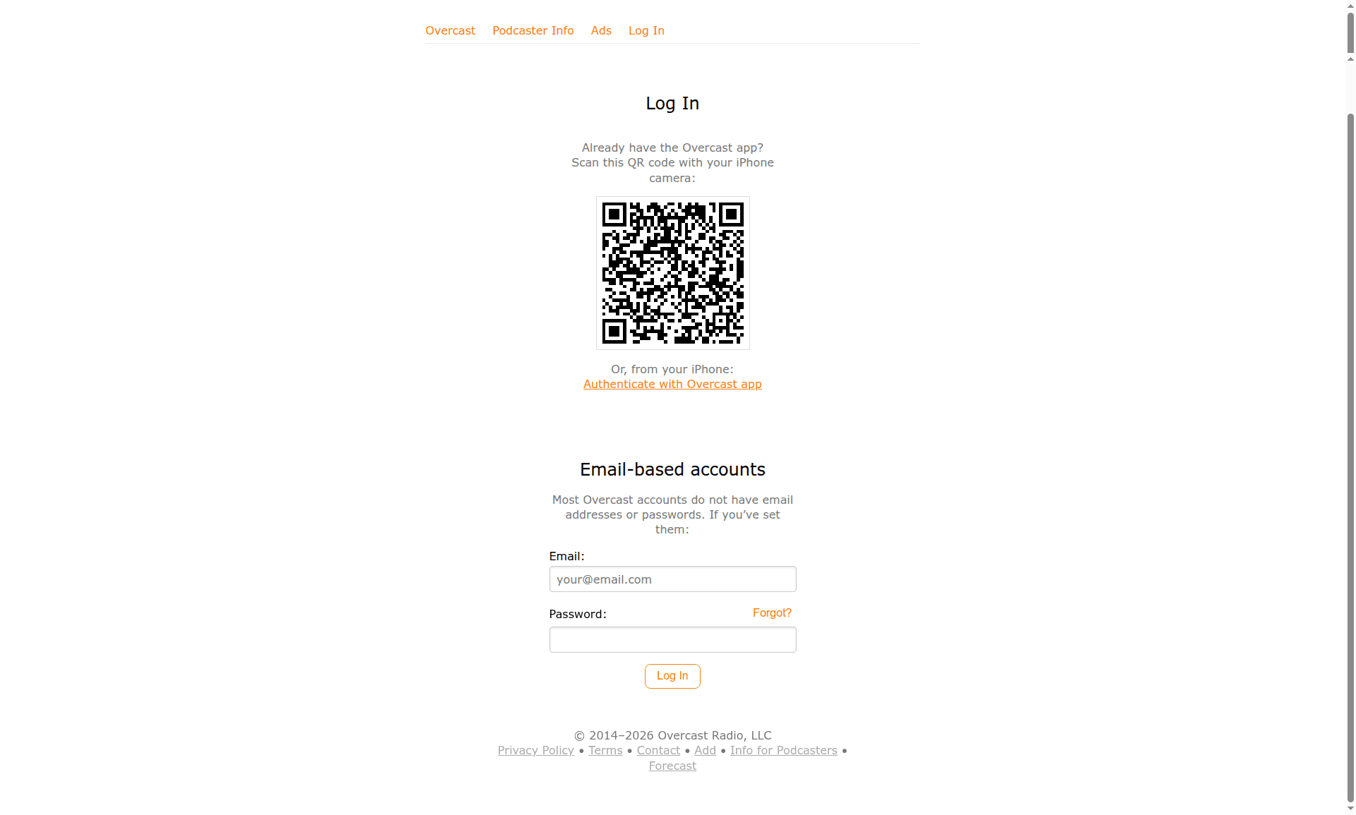 overcast login screenshot