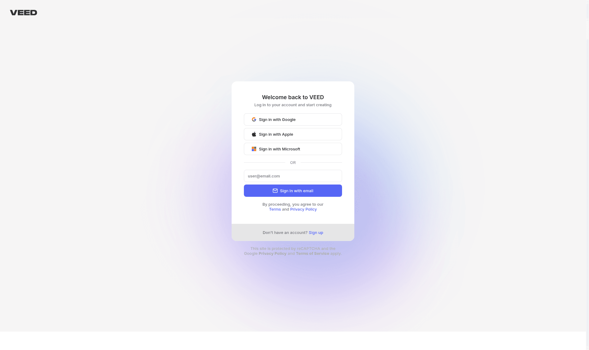 veed login screenshot