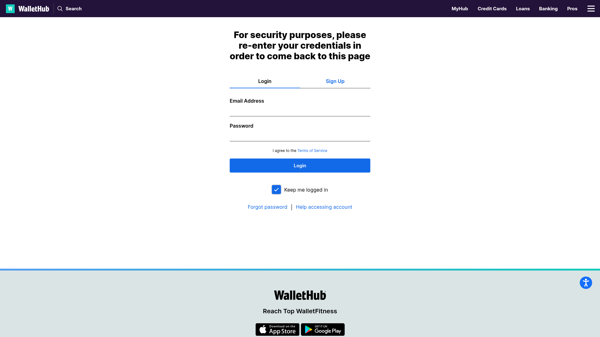 wallethub login screenshot