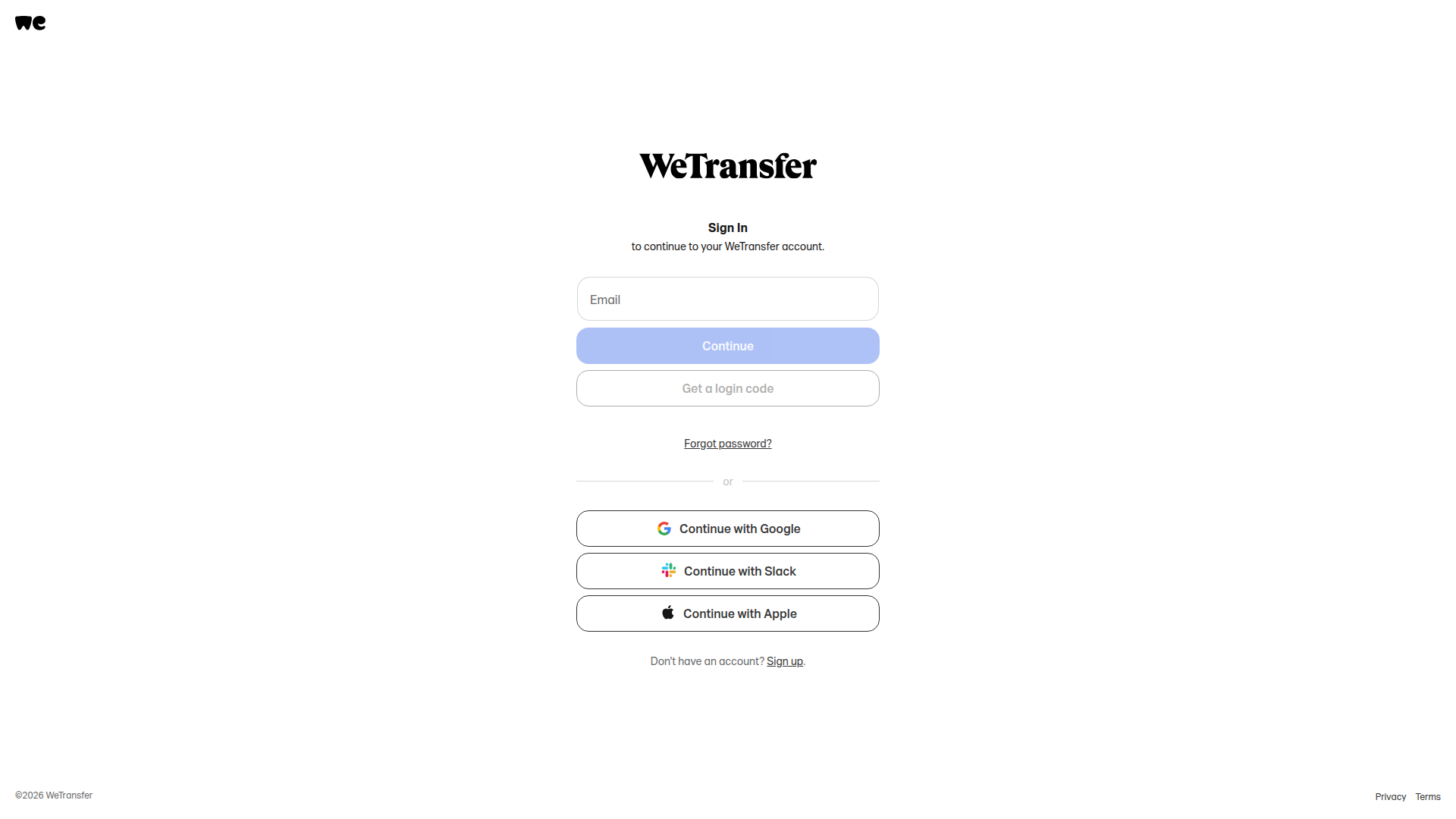 wetransfer login screenshot
