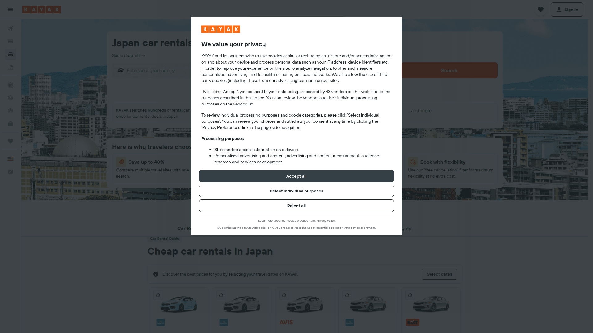 kayak modal screenshot