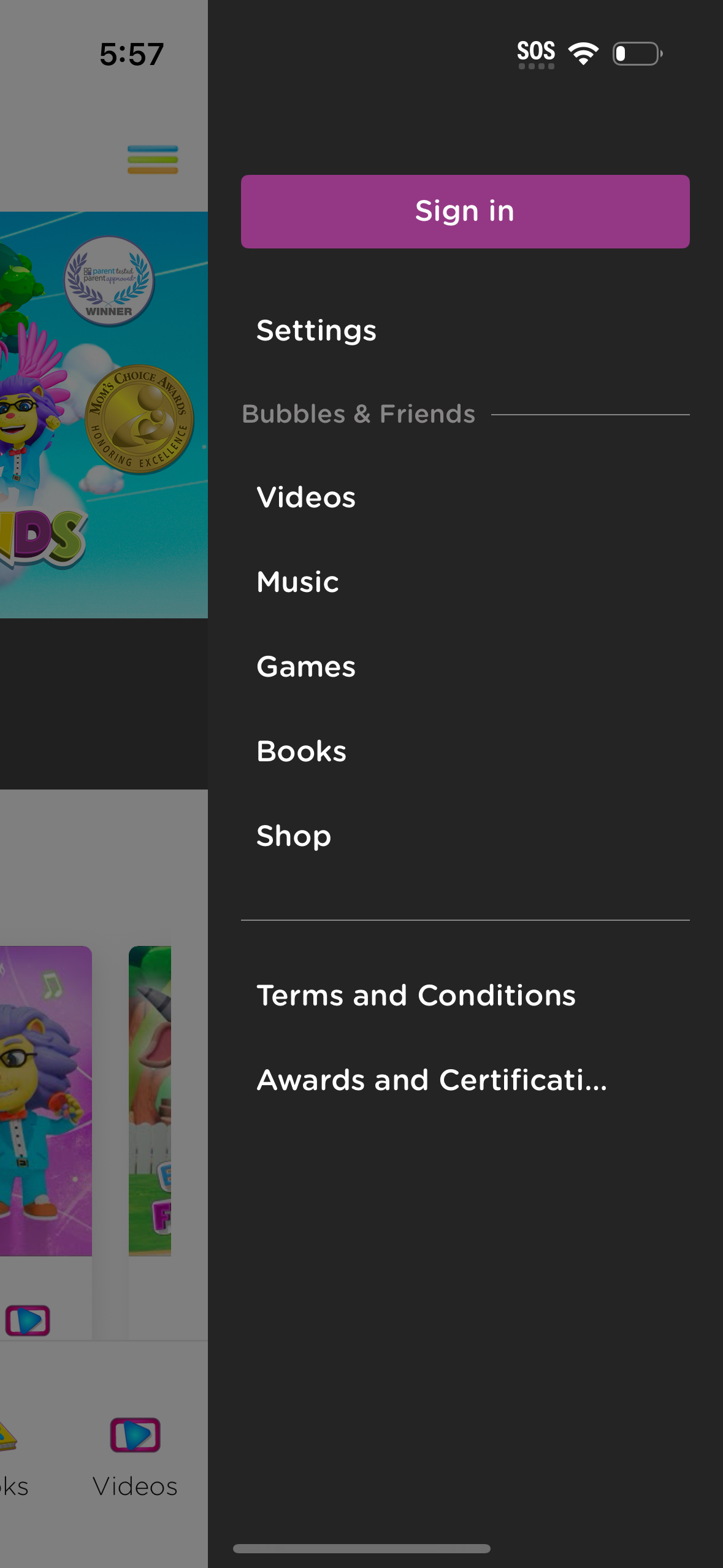 bubbles-and-friends navigation screenshot