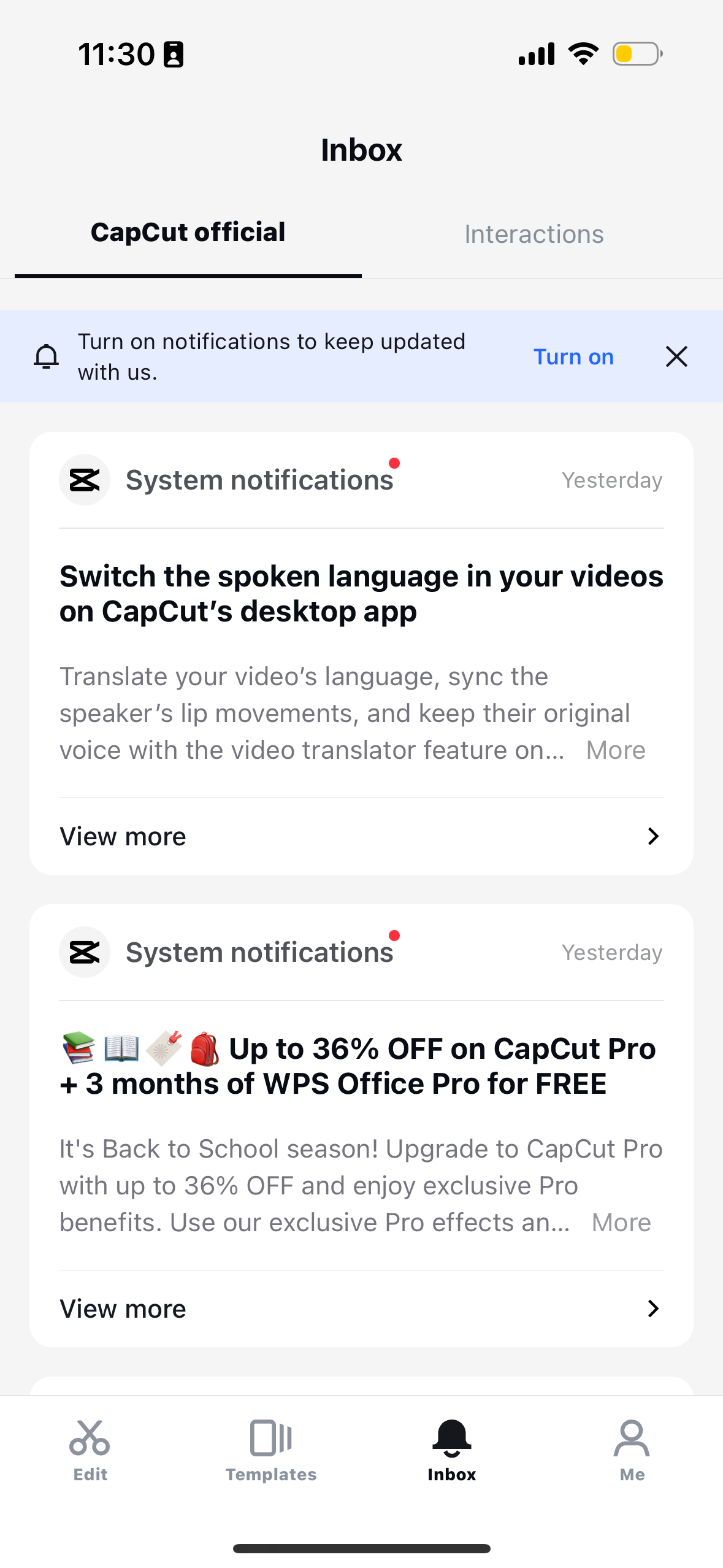 capcut notifications screenshot
