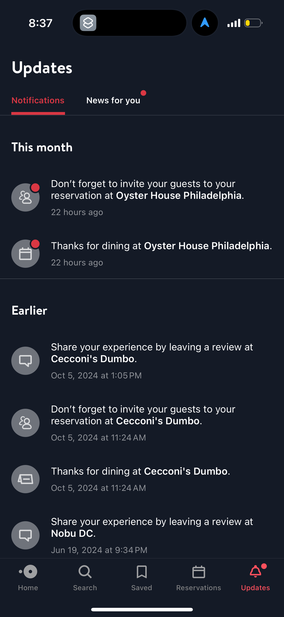 opentable notifications screenshot