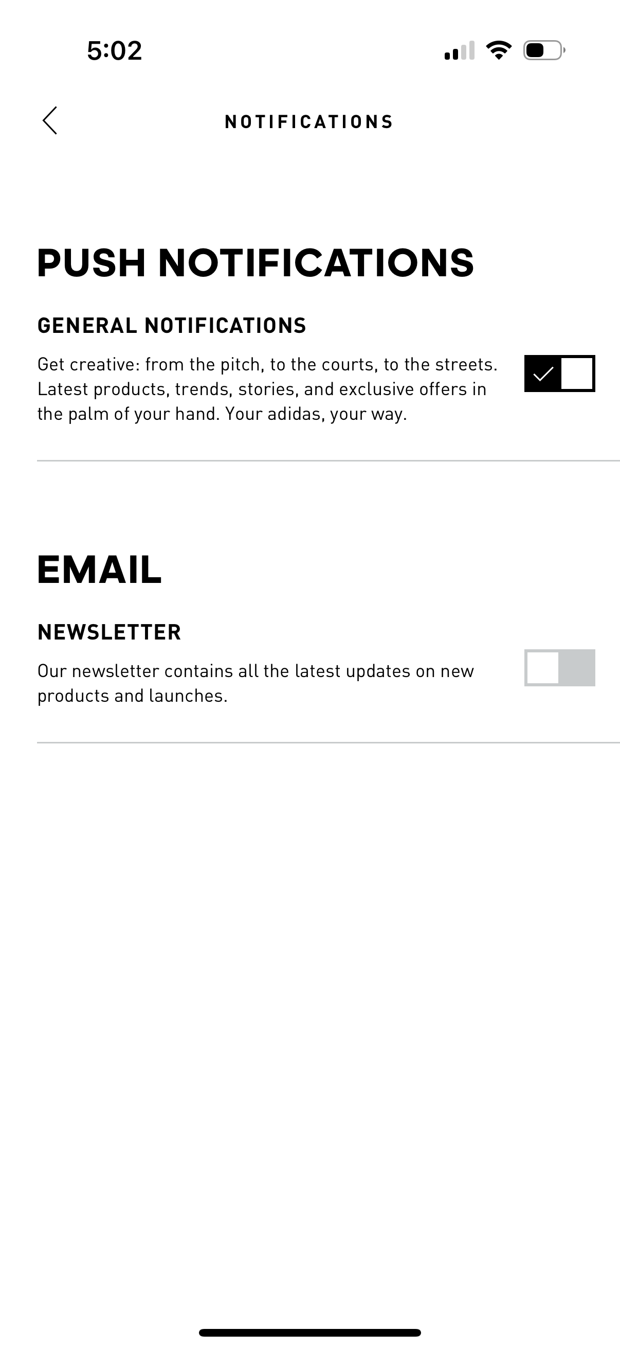 adidas notifications screenshot