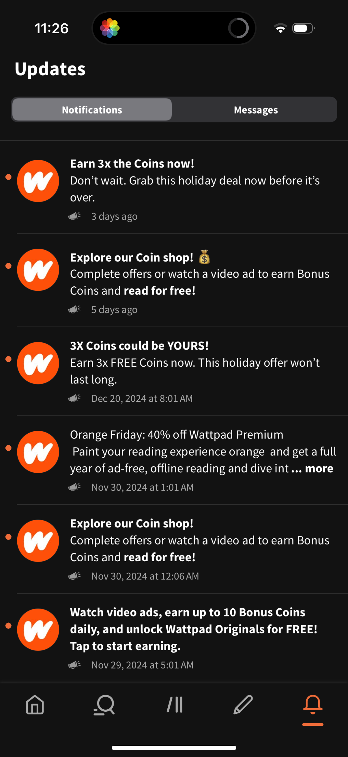 wattpad notifications screenshot