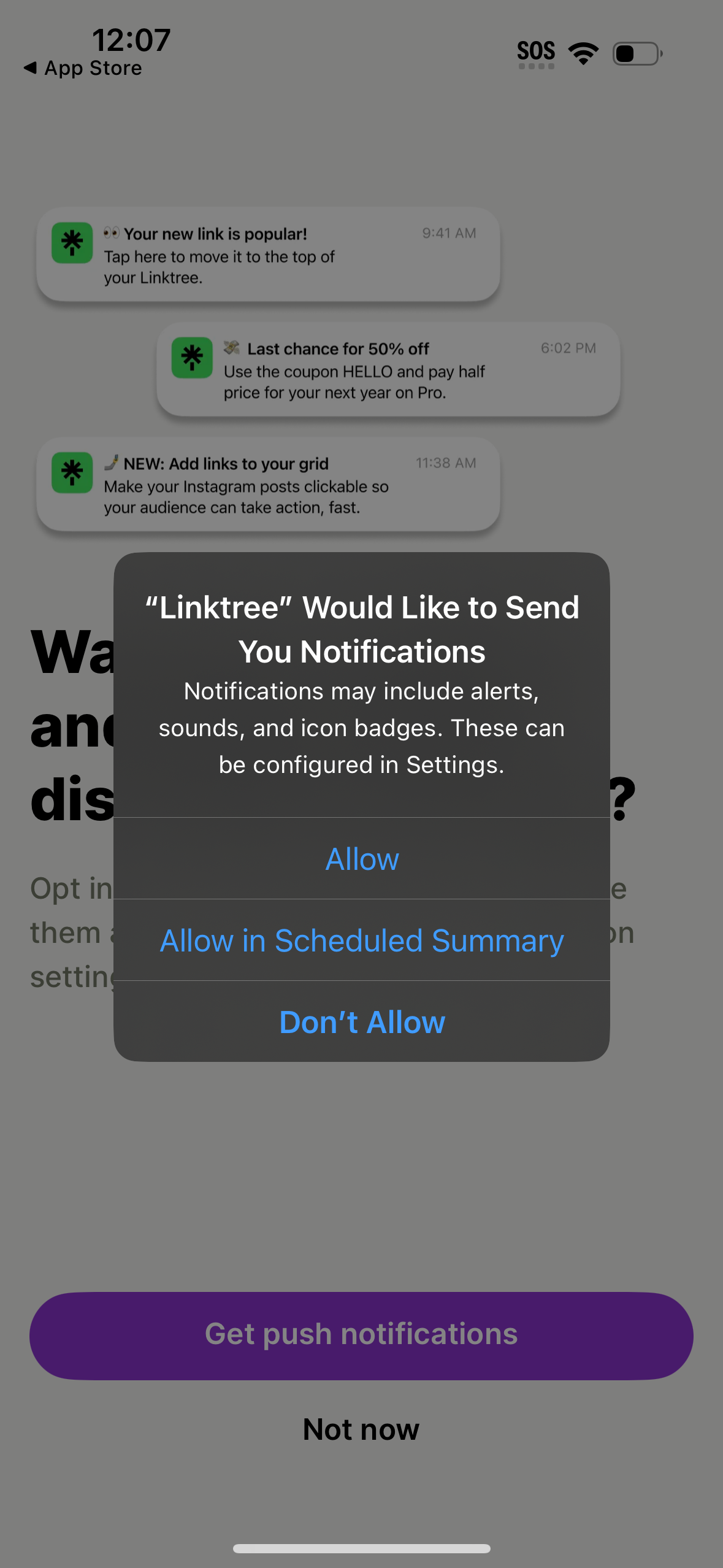linktree notifications screenshot