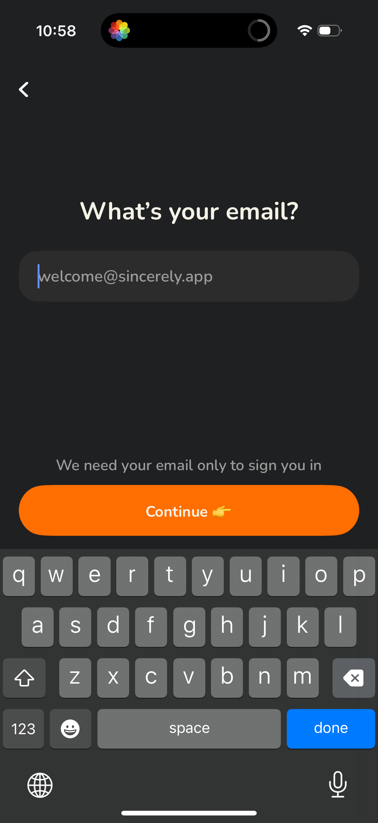 sincerely onboarding screenshot