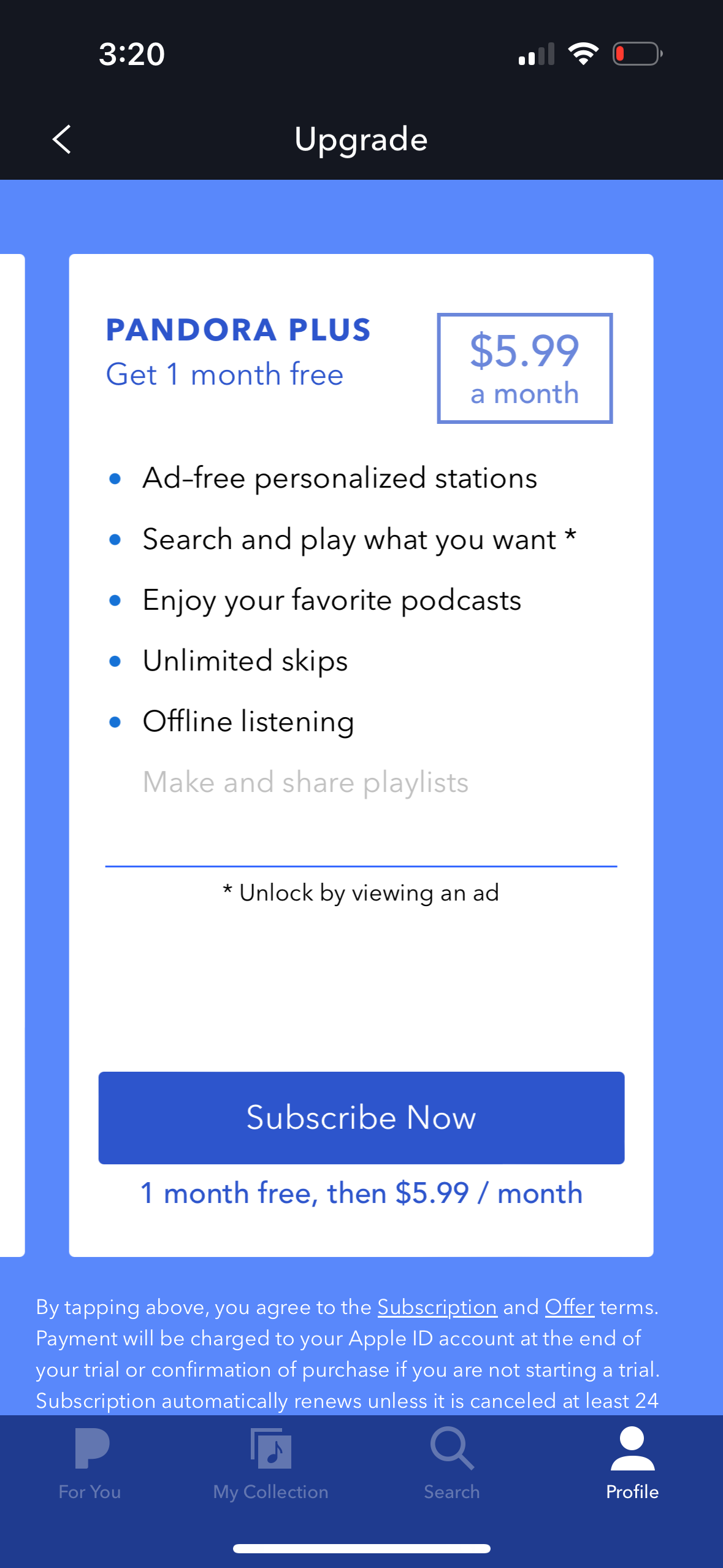 pandora paywall screenshot