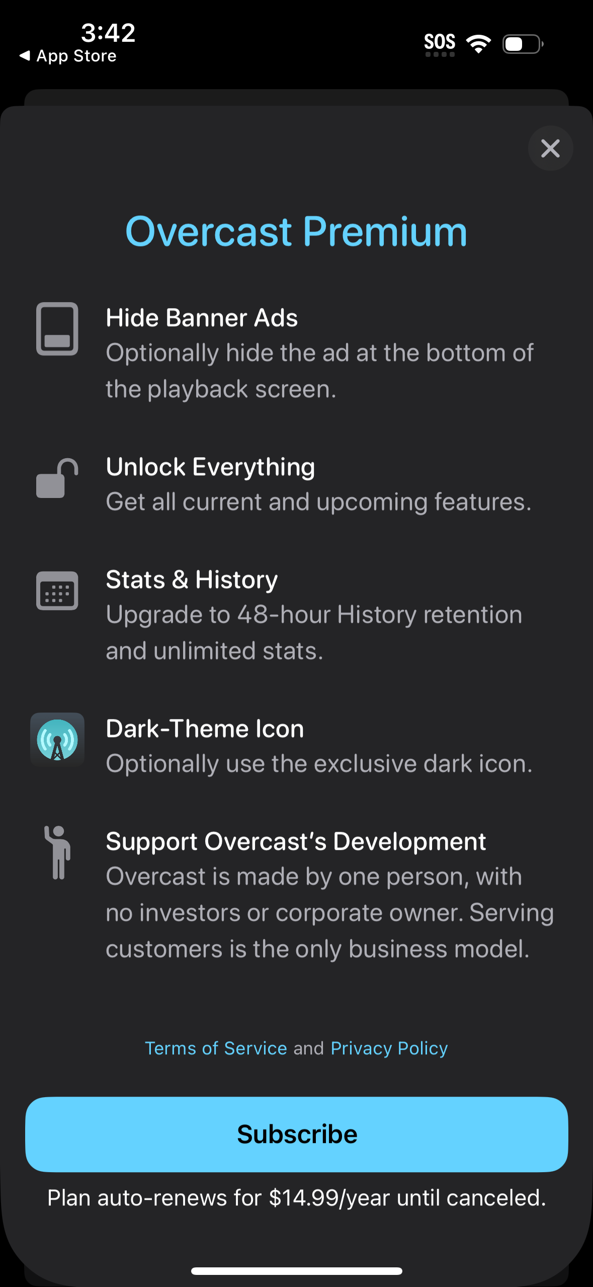overcast paywall screenshot