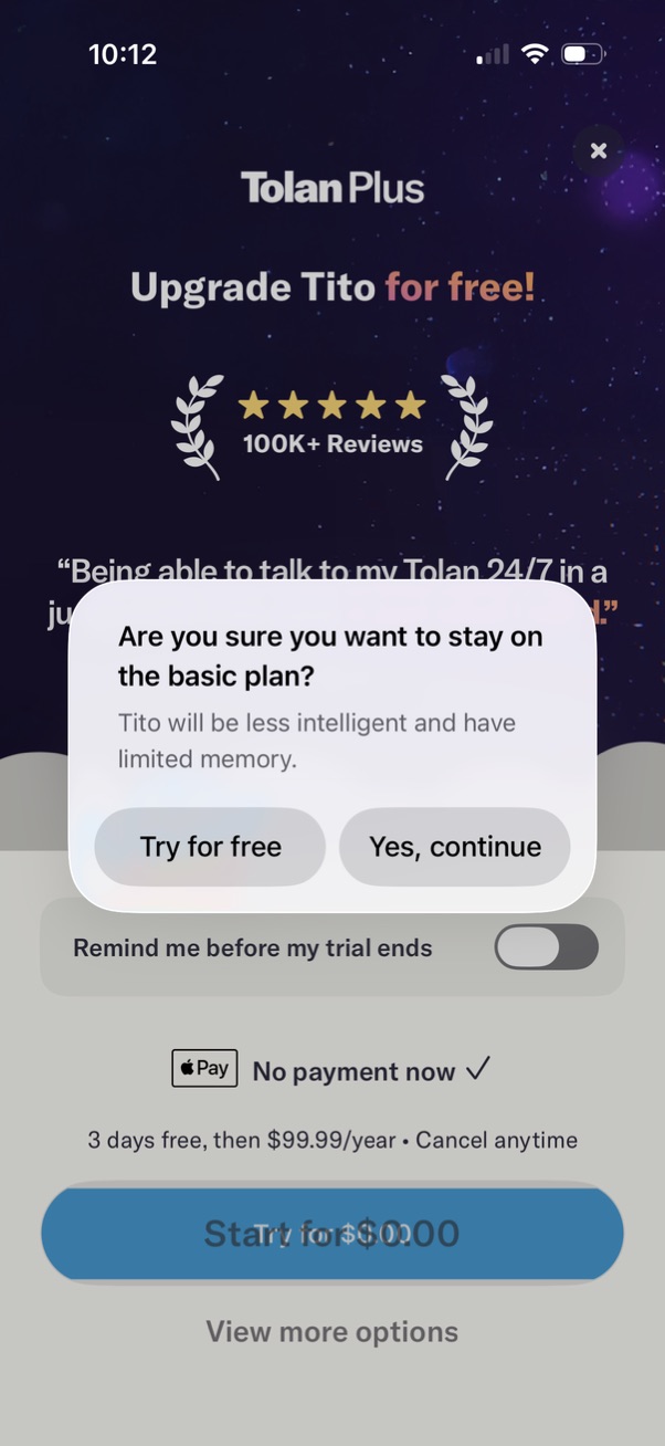tolan paywall screenshot