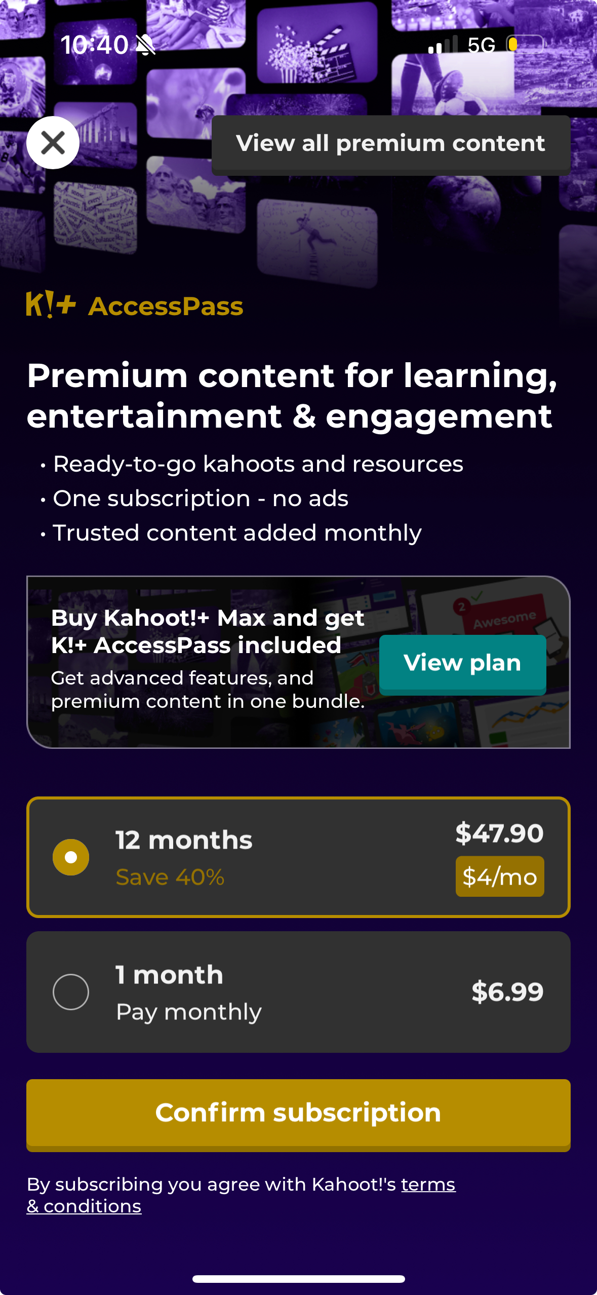 kahoot paywall screenshot