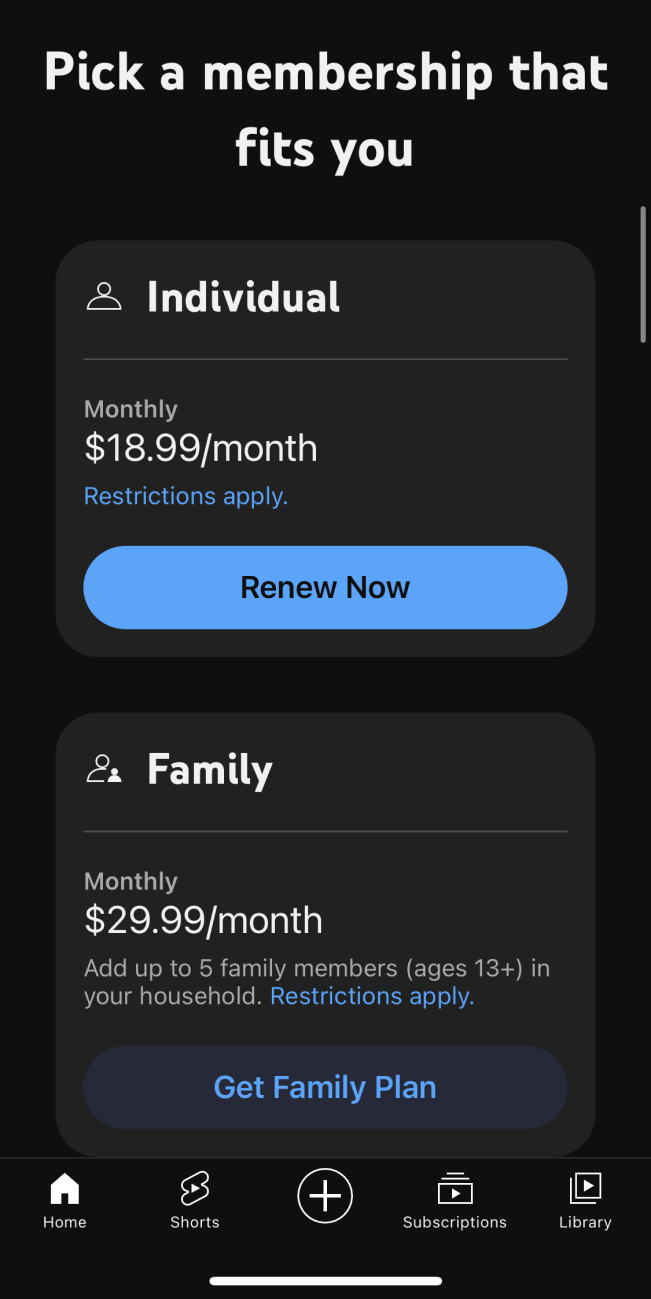youtube pricing screenshot
