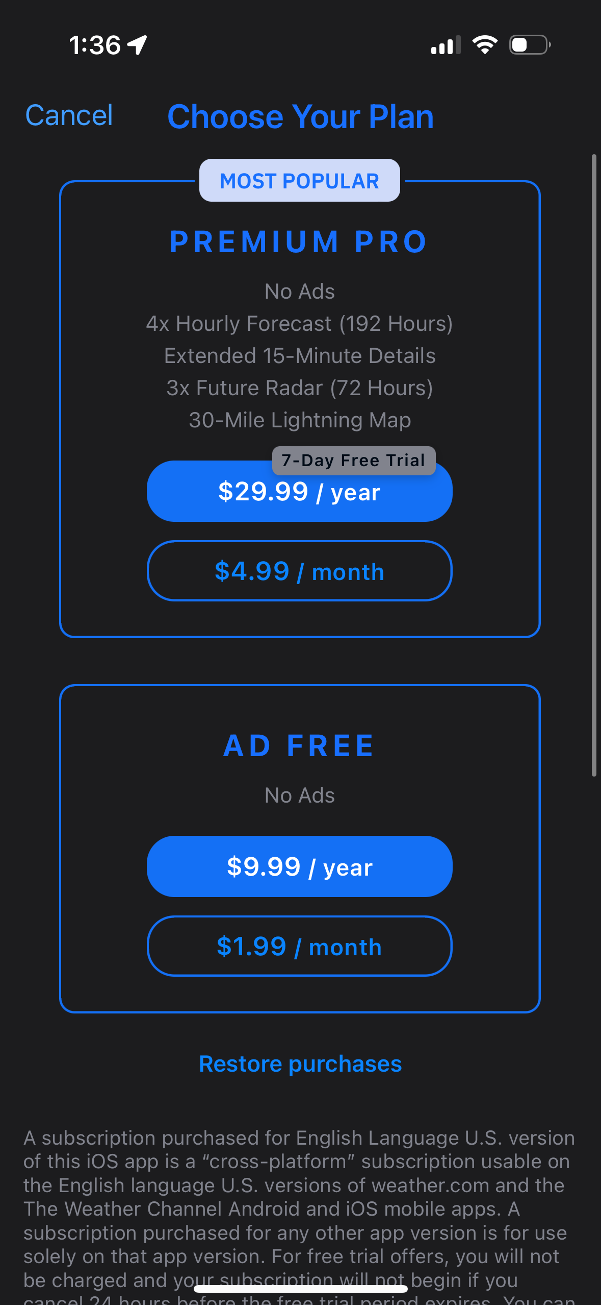 the-weather-channel pricing screenshot