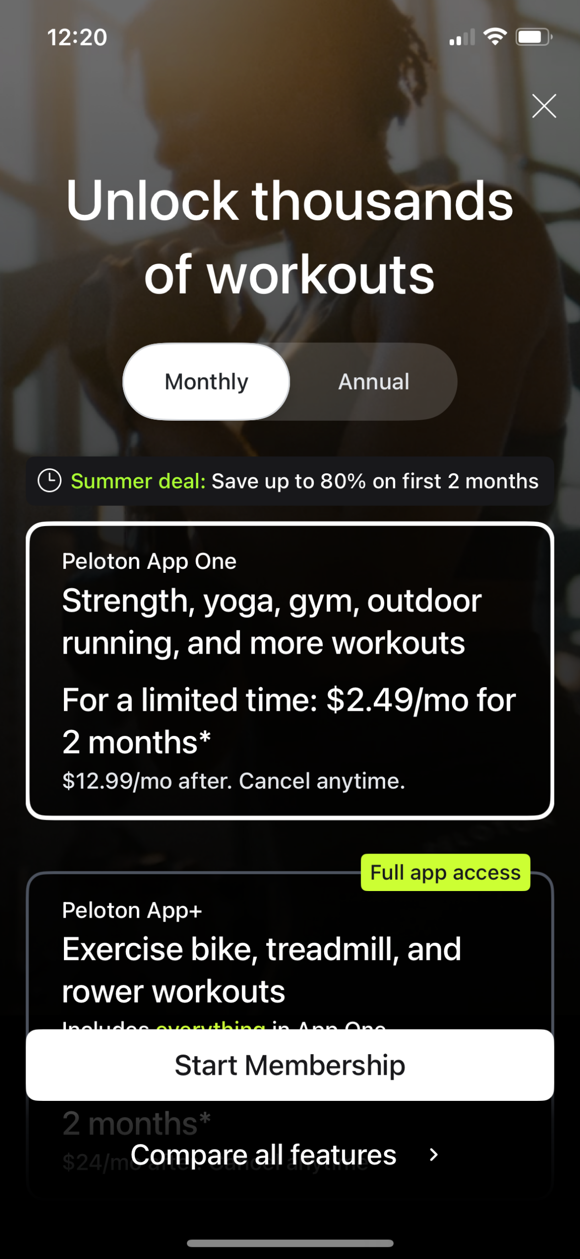 peloton pricing screenshot