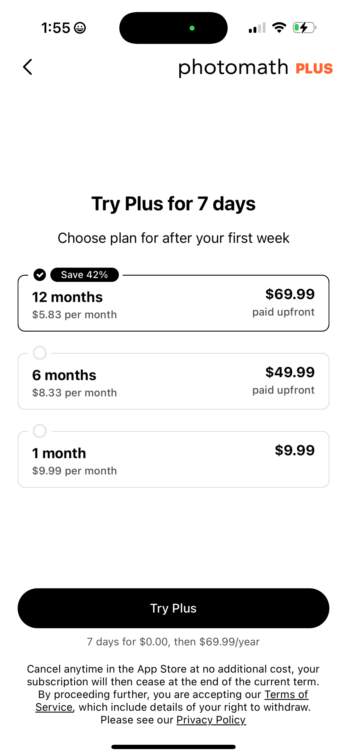 photomath pricing screenshot