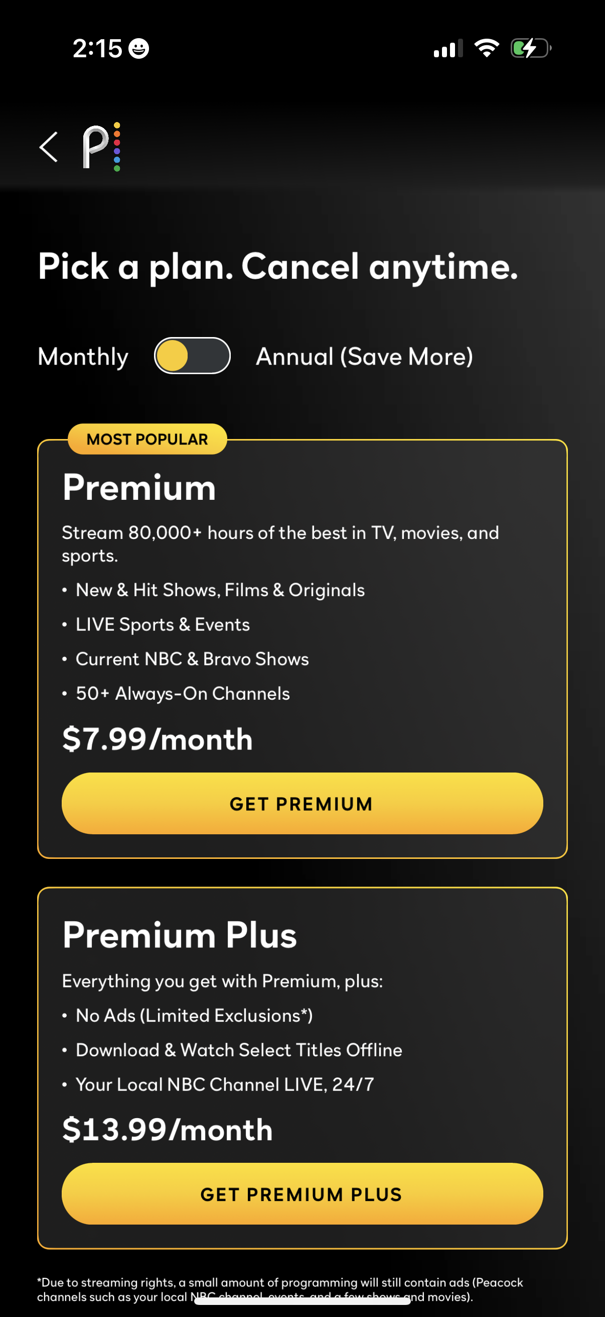 peacock pricing screenshot