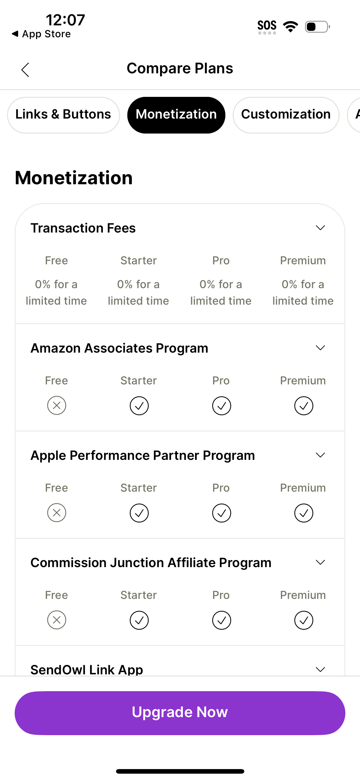 linktree pricing screenshot