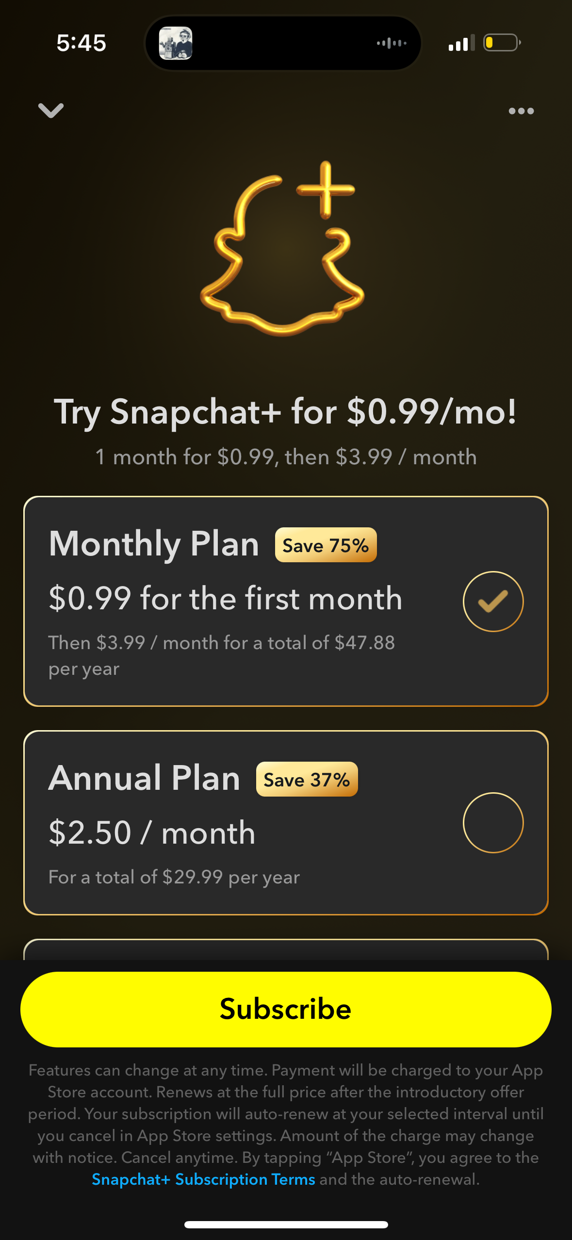 snapchat pricing screenshot