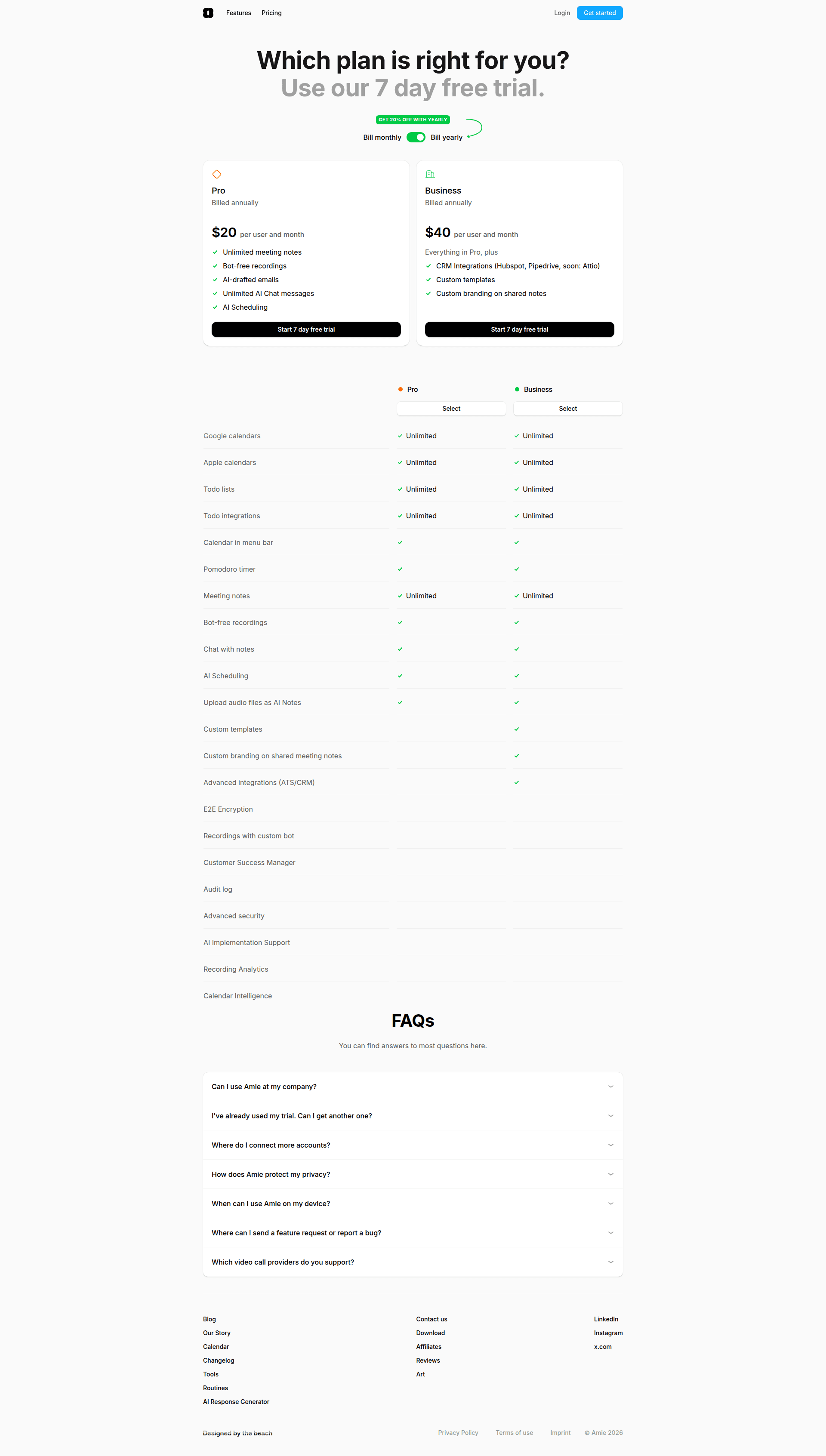 amie pricing screenshot