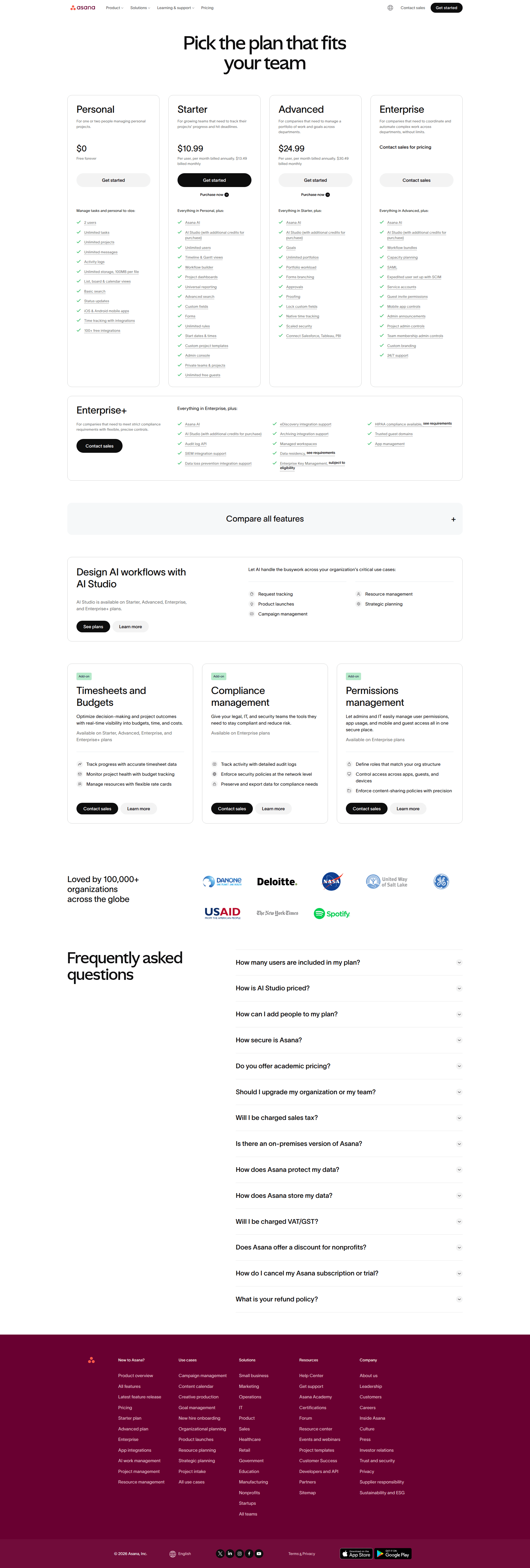 asana pricing screenshot