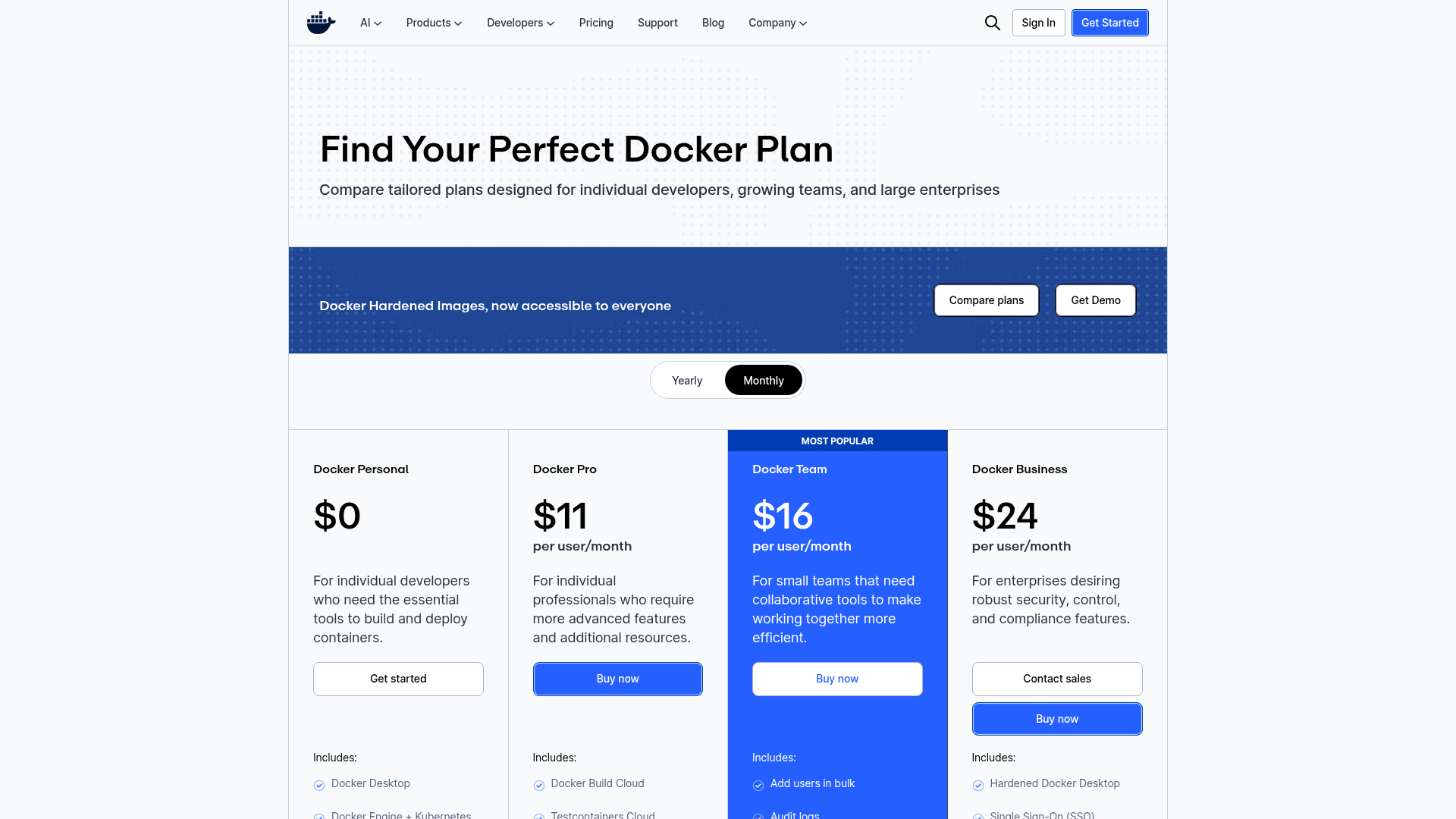 docker pricing screenshot