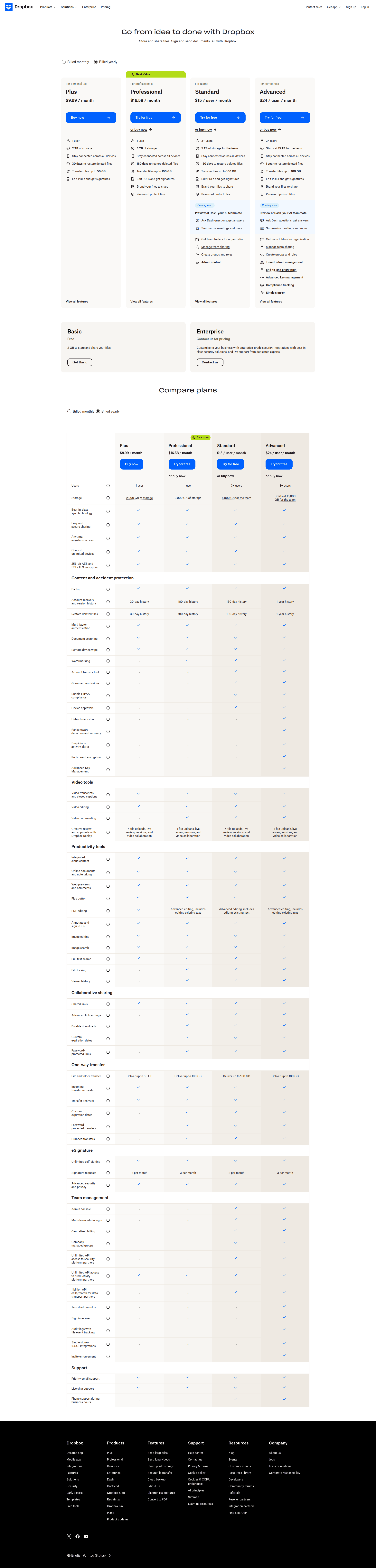 dropbox pricing screenshot
