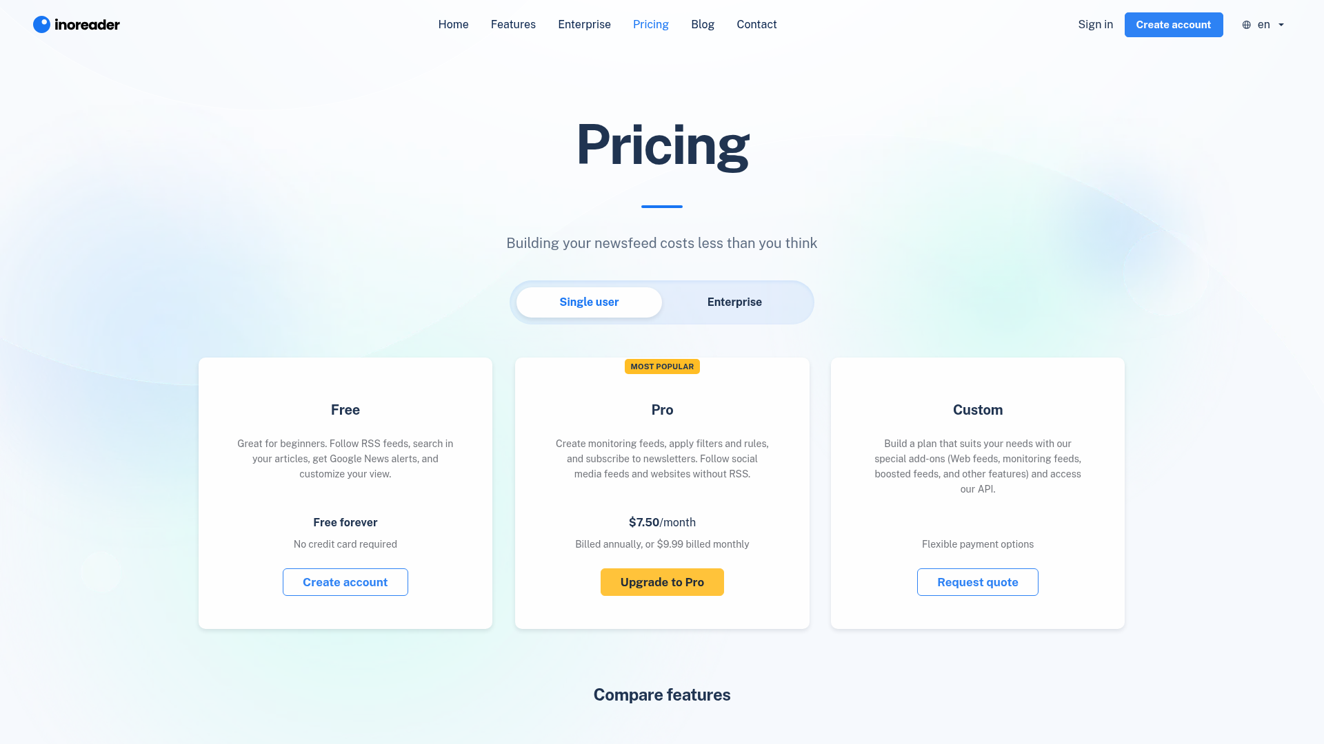 inoreader pricing screenshot