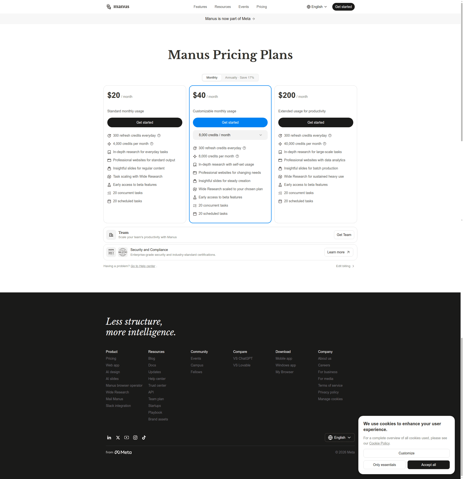 manus pricing screenshot