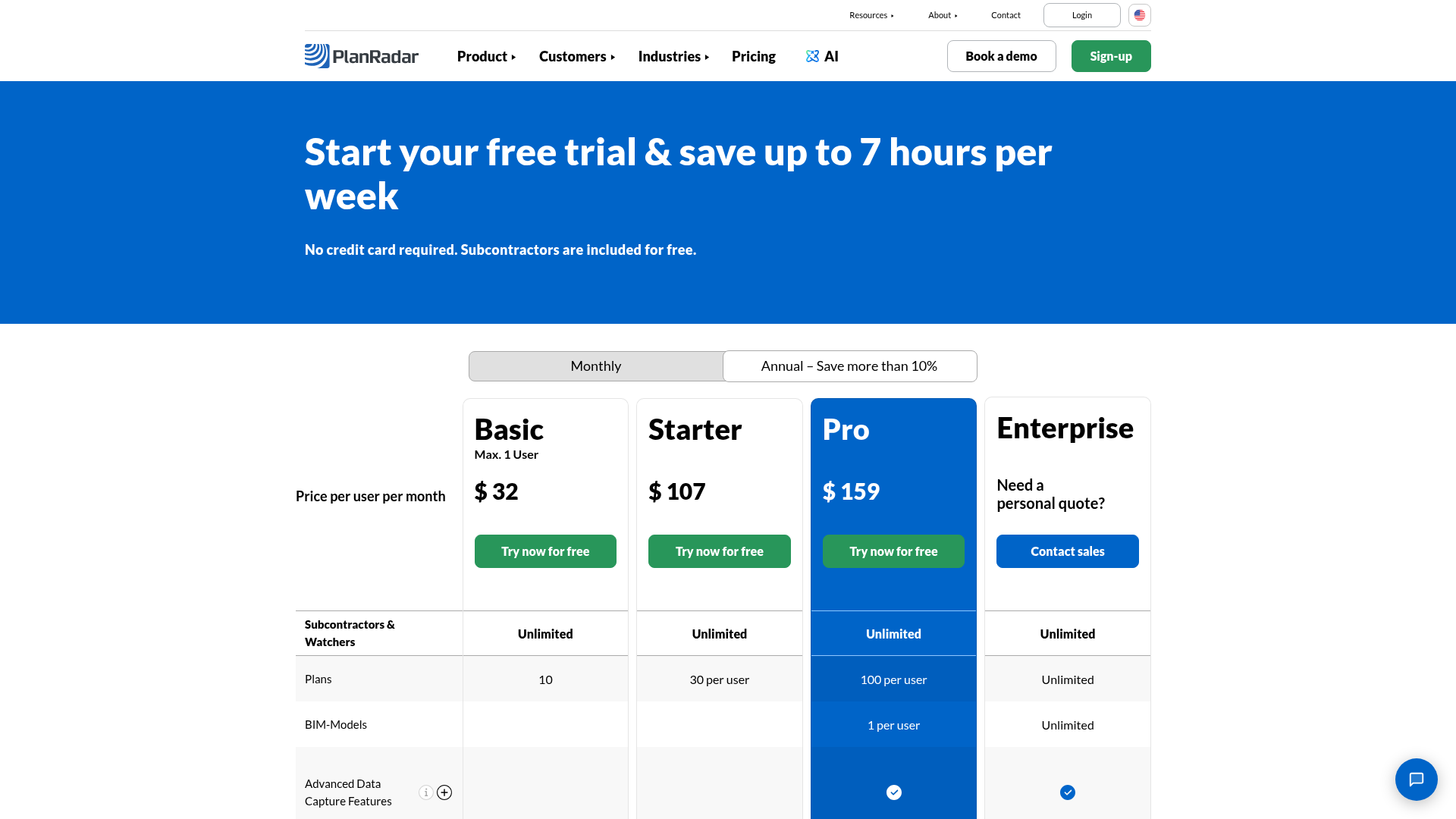 planradar pricing screenshot