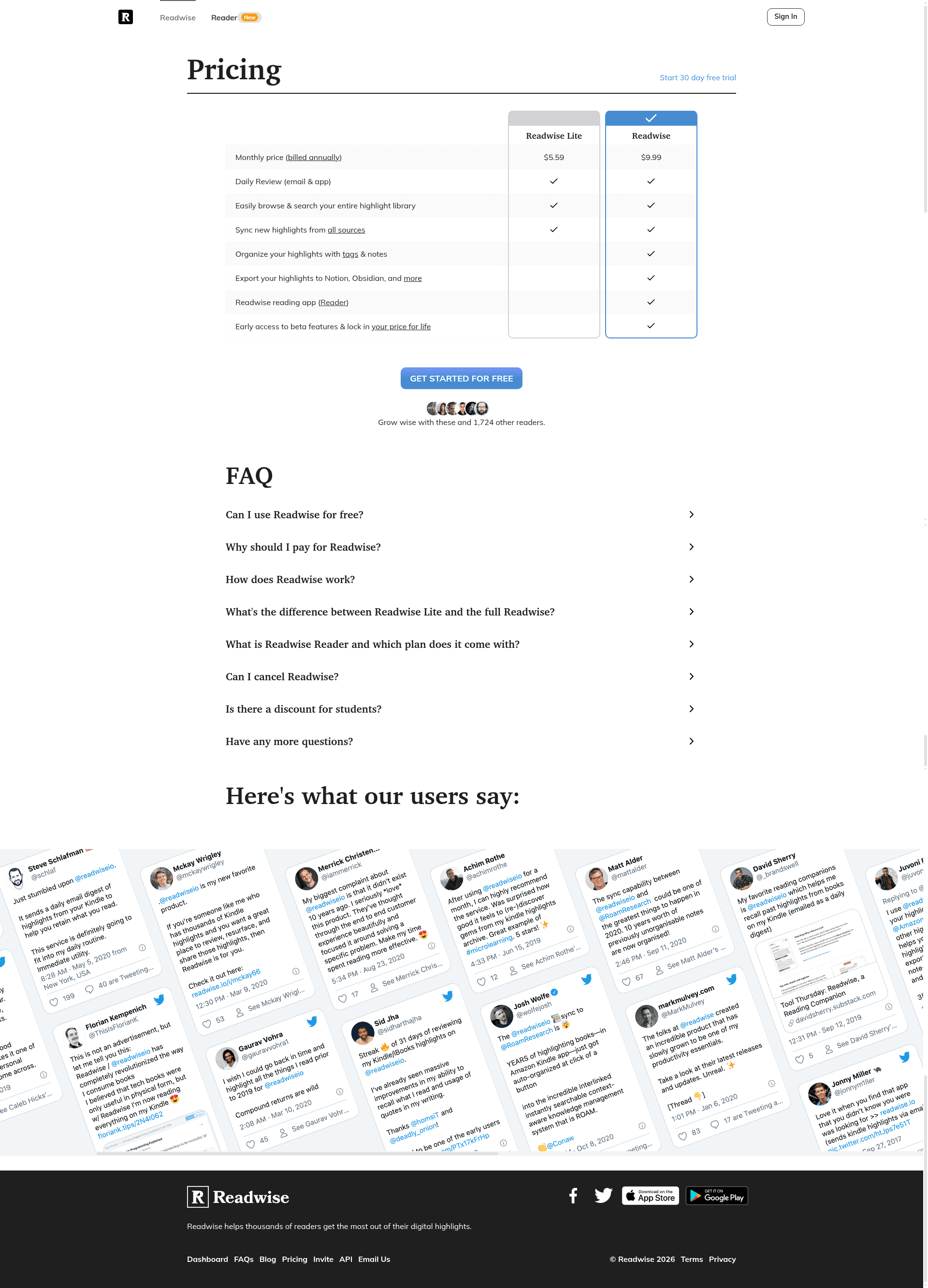 reader pricing screenshot