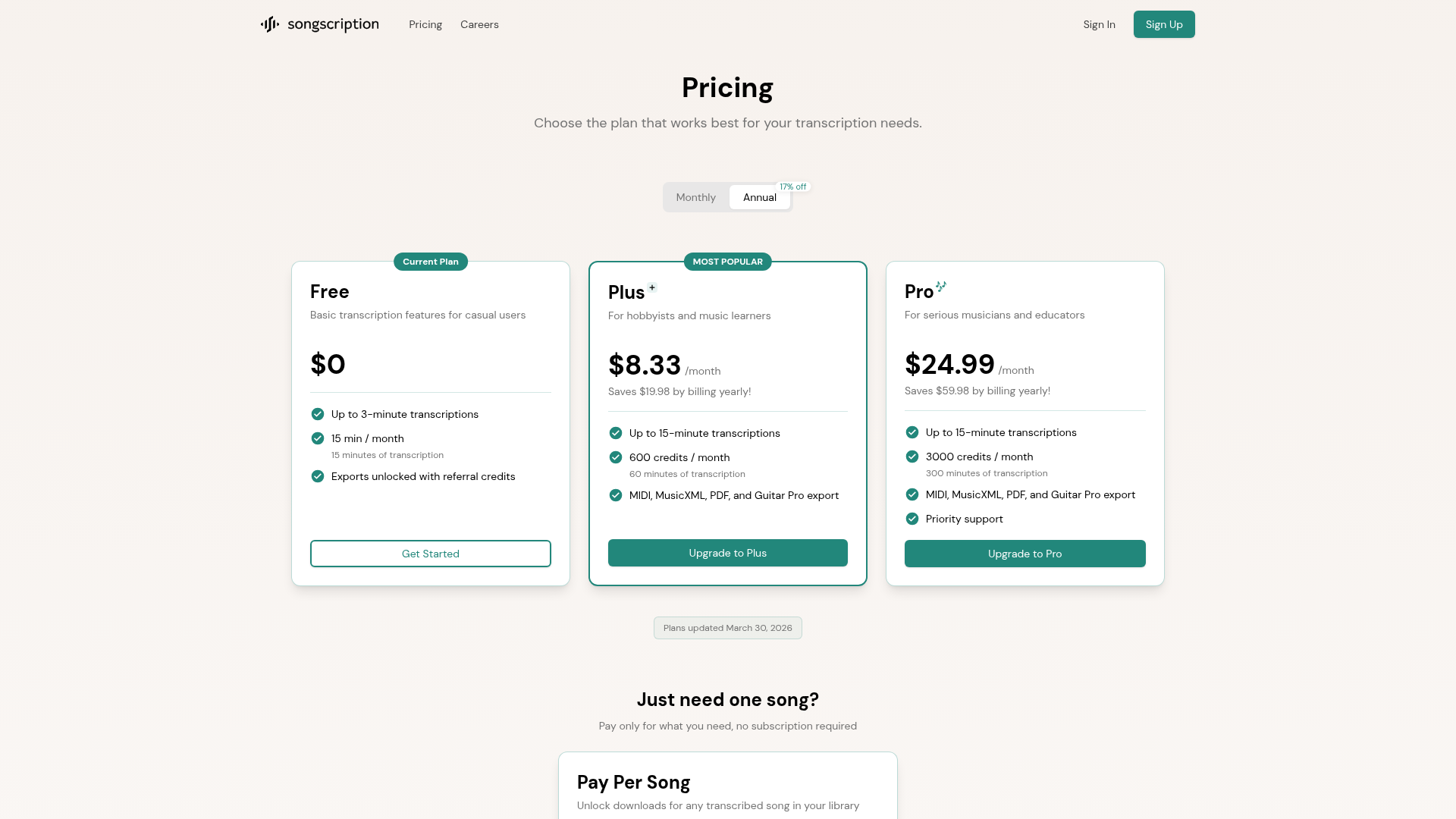songscription pricing screenshot