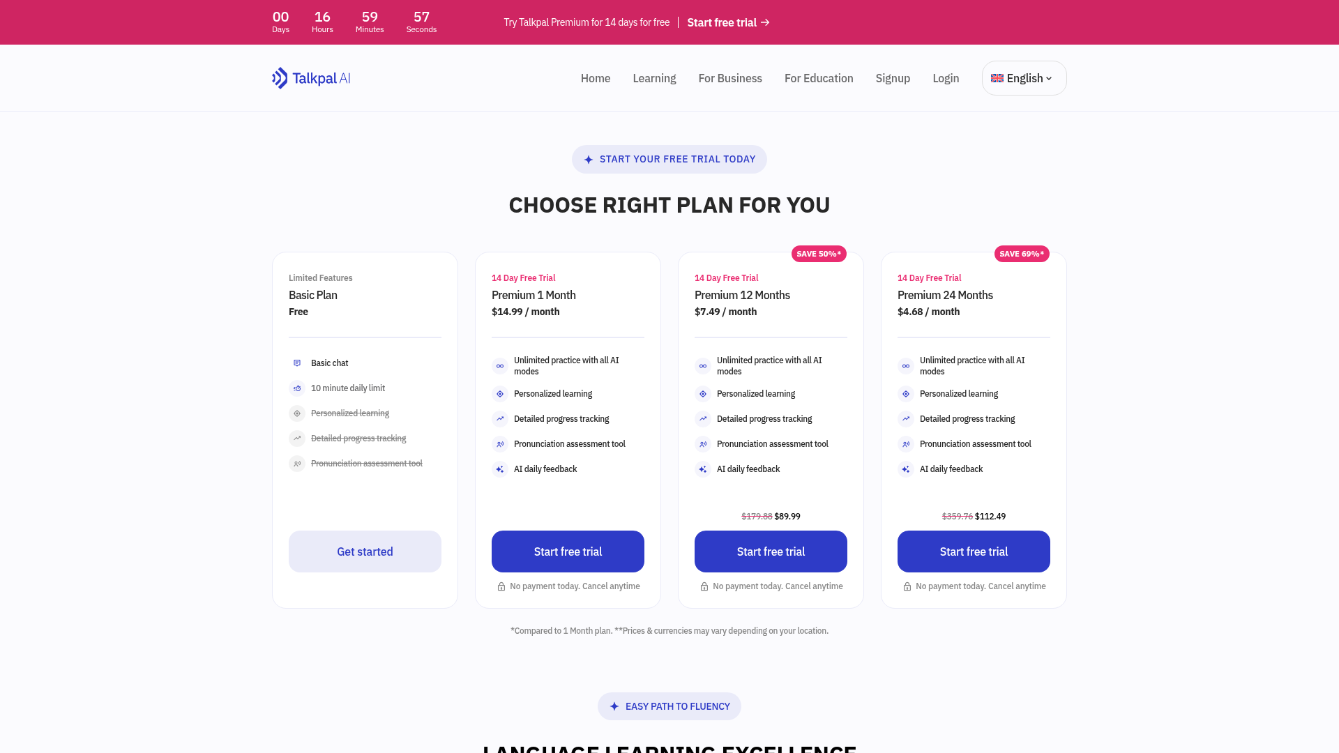 talkpal pricing screenshot