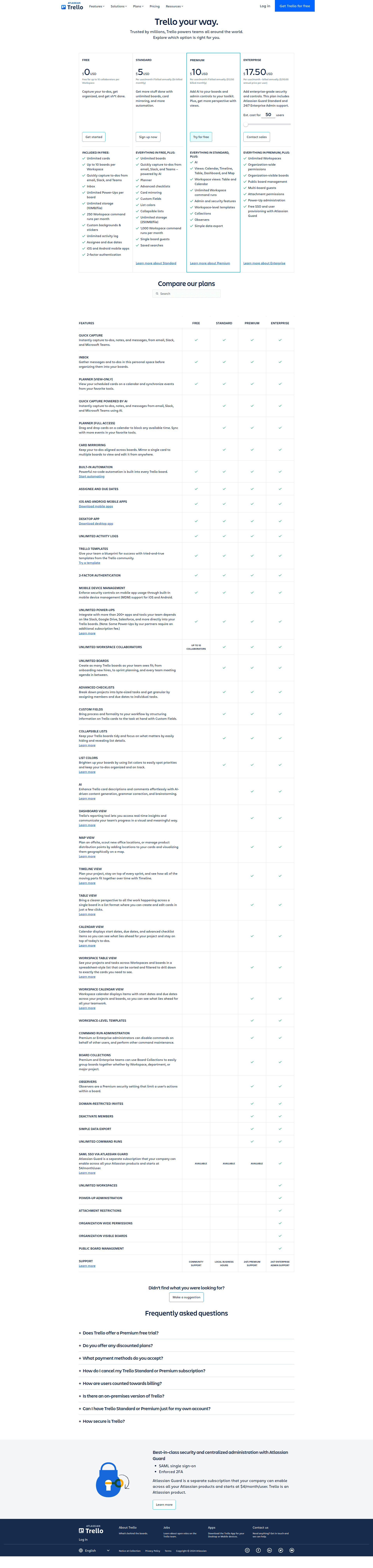 trello pricing screenshot