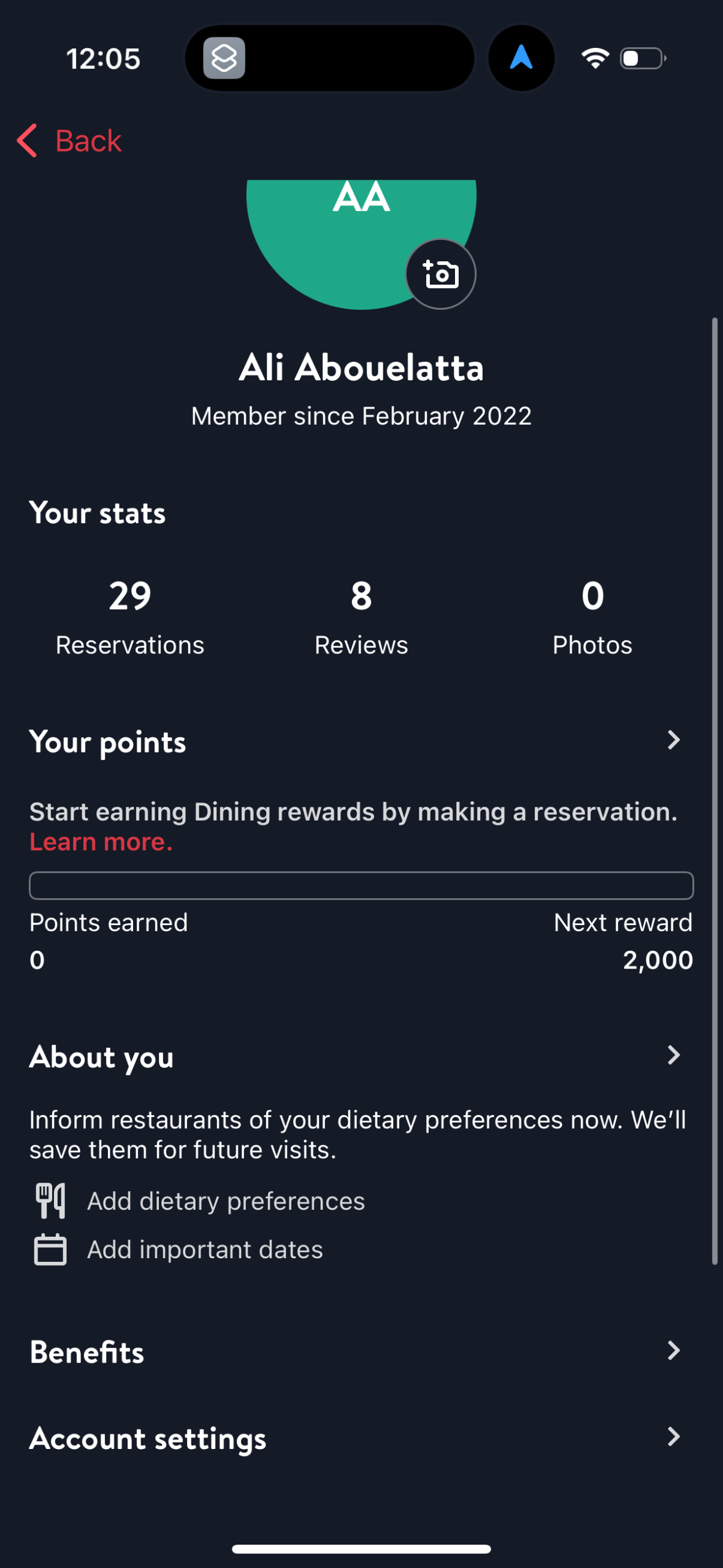 opentable profile screenshot