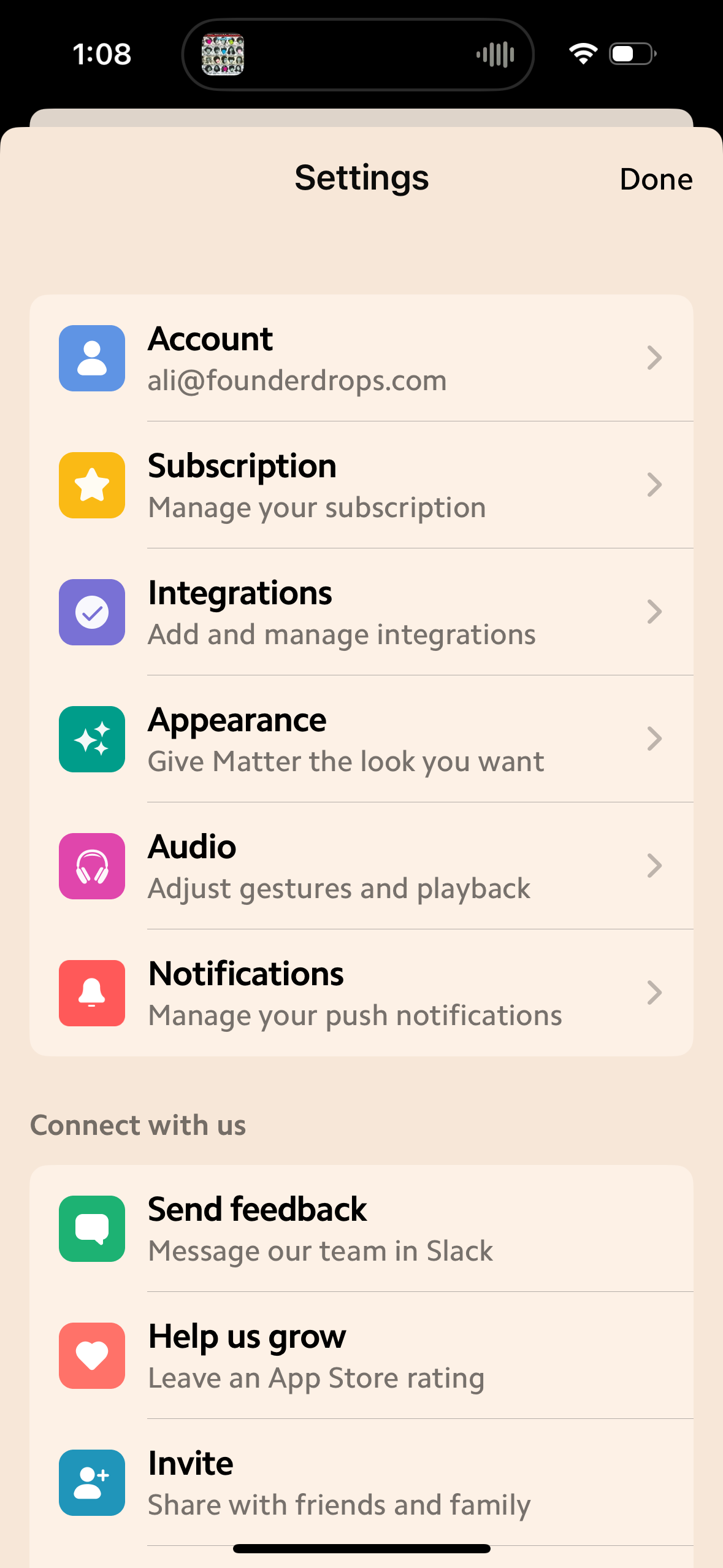 matter settings screenshot